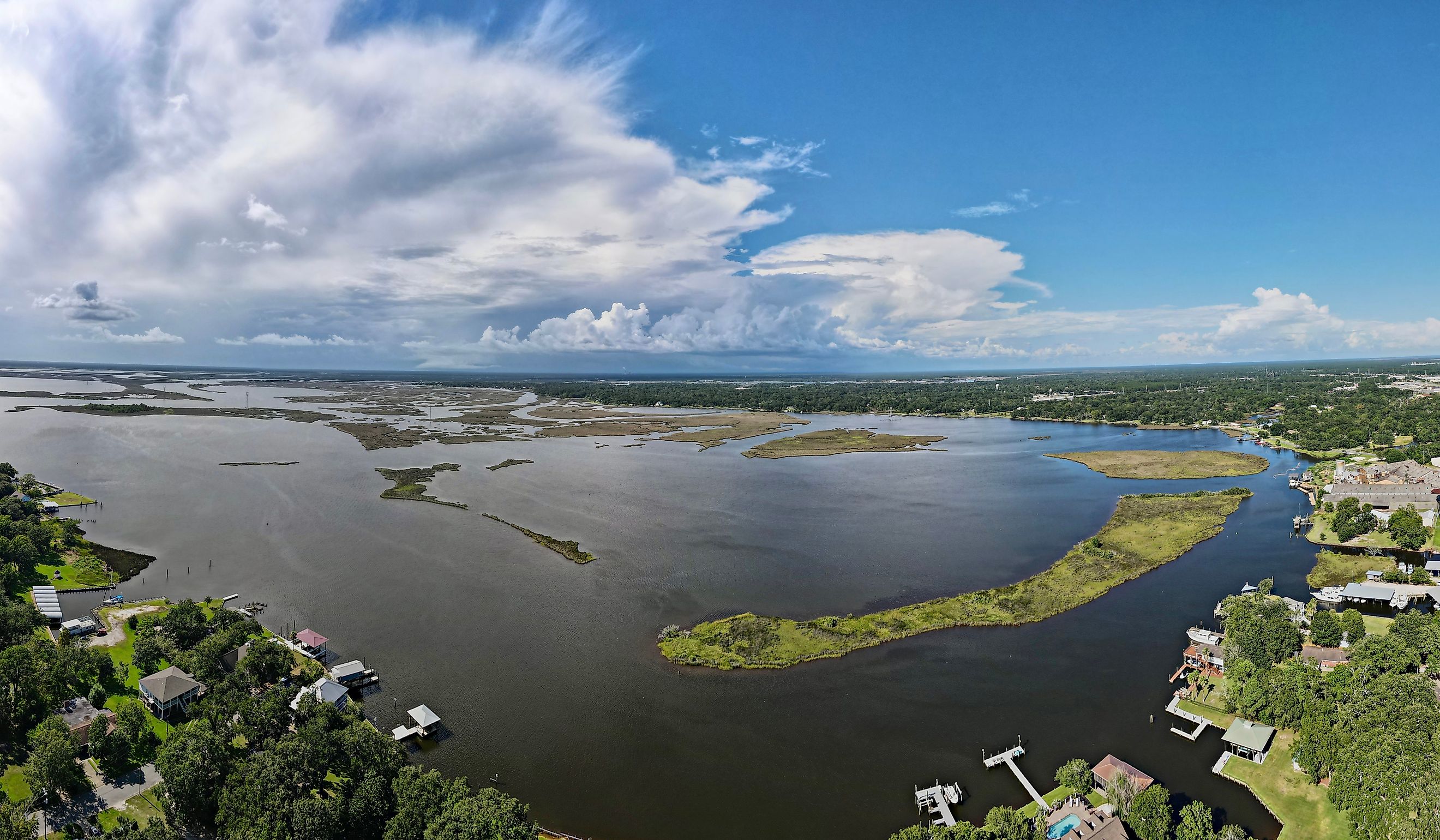 Panoramic view of Krebs Lake in Pascagoula, Mississippi.