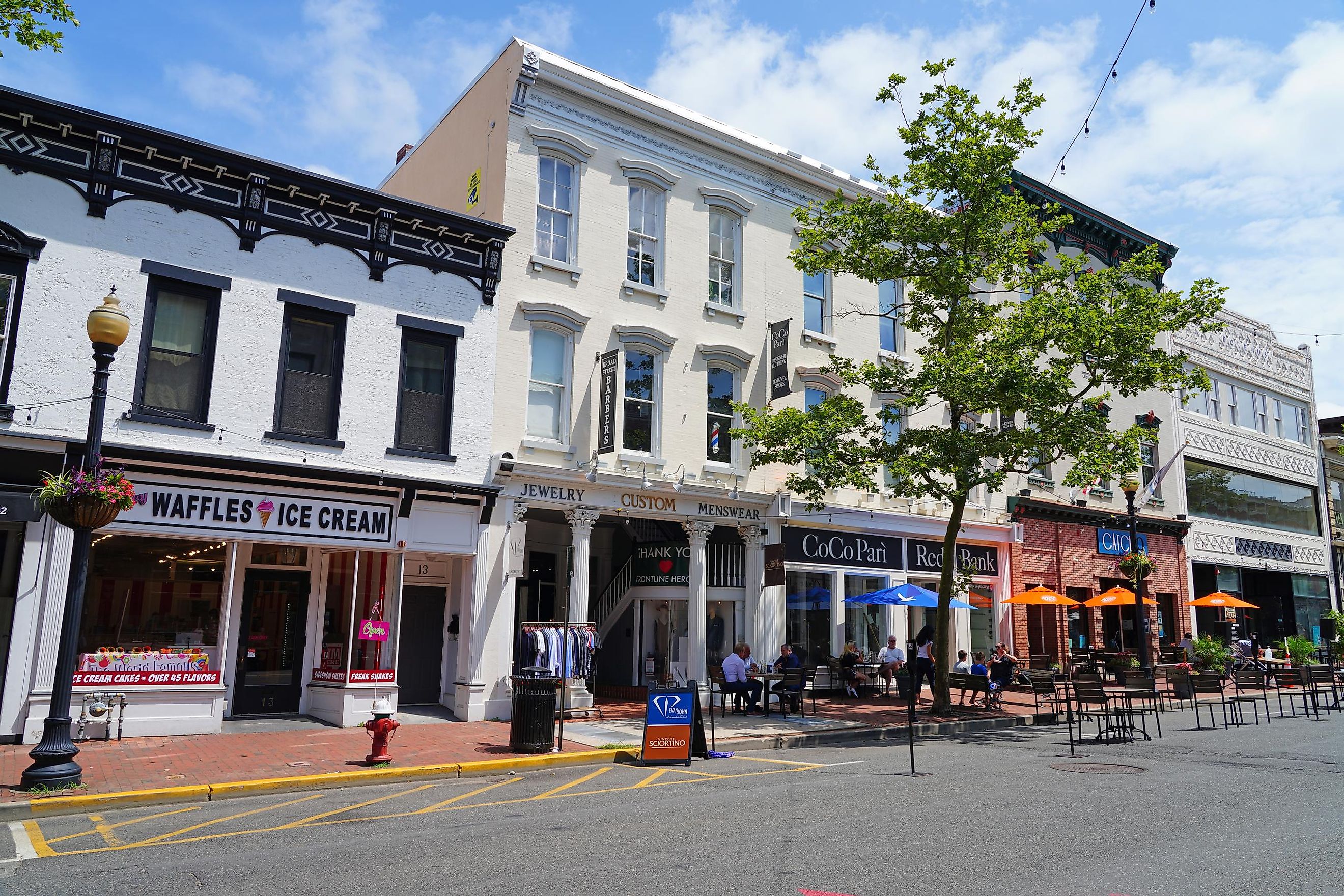 RED BANK, NJ –16 JUL 2020- View of downtown buildings on Broad Street in the town of Red Bank, Monmouth County, New Jersey.