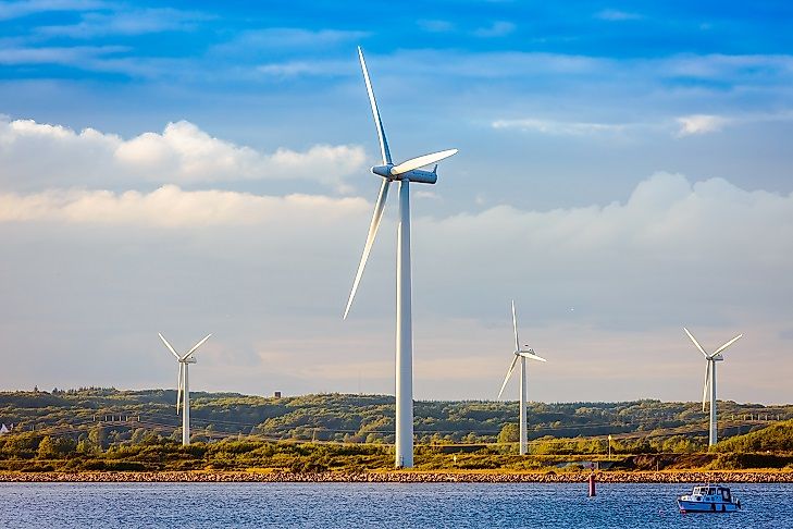 These wind turbines generate electricity along the Danish Baltic coastline. Denmark is one of the world's leading wind energy producers.