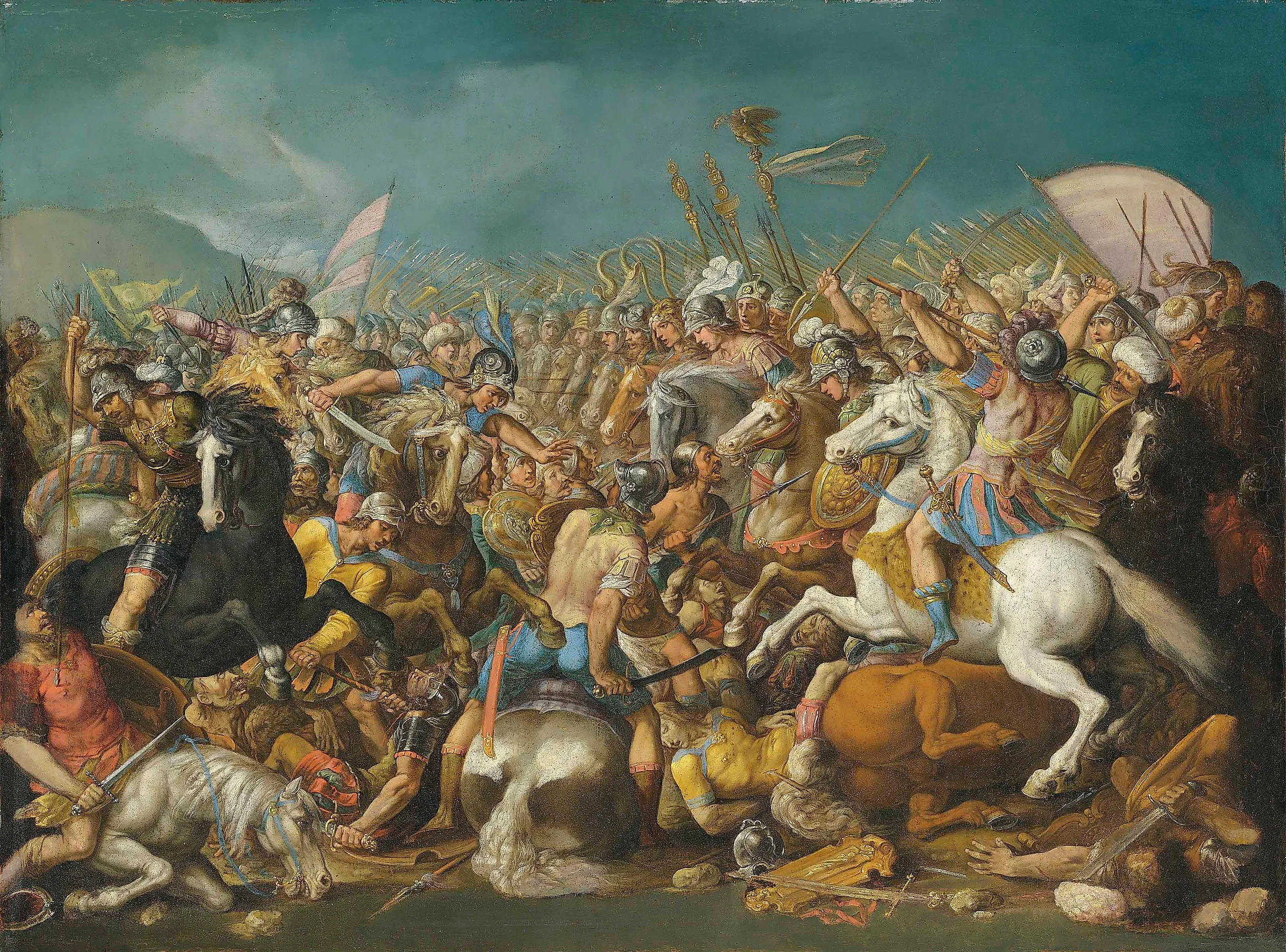 A classical battle, probably depicting the defeat of Hannibal by Scipio Africanus Major (circa 235-183 B.C.).