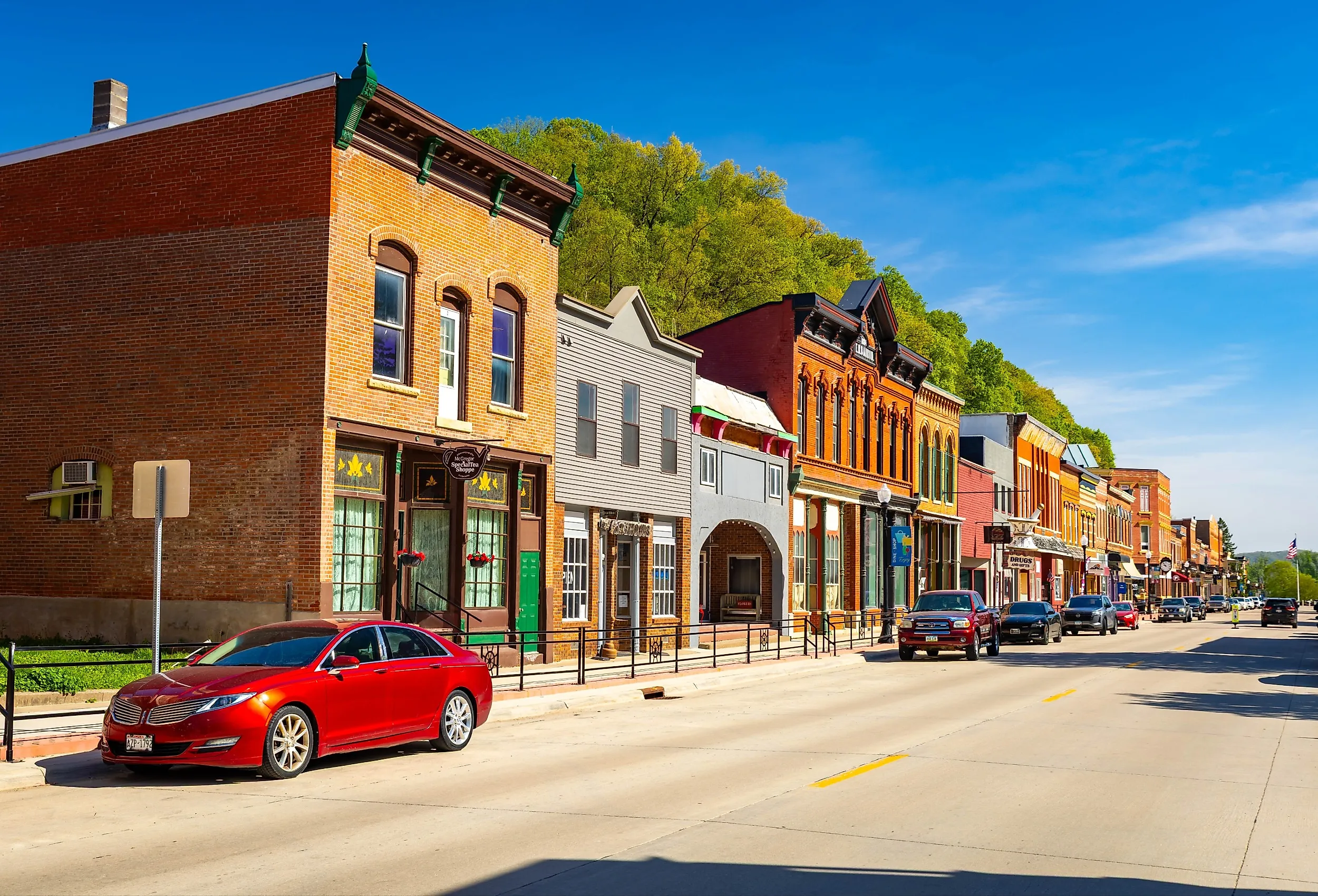 Main Street in McGregor Iowa featuring local shops and businesses in the historic downtown district. Editorial credit: Photo Spirit / Shutterstock.com