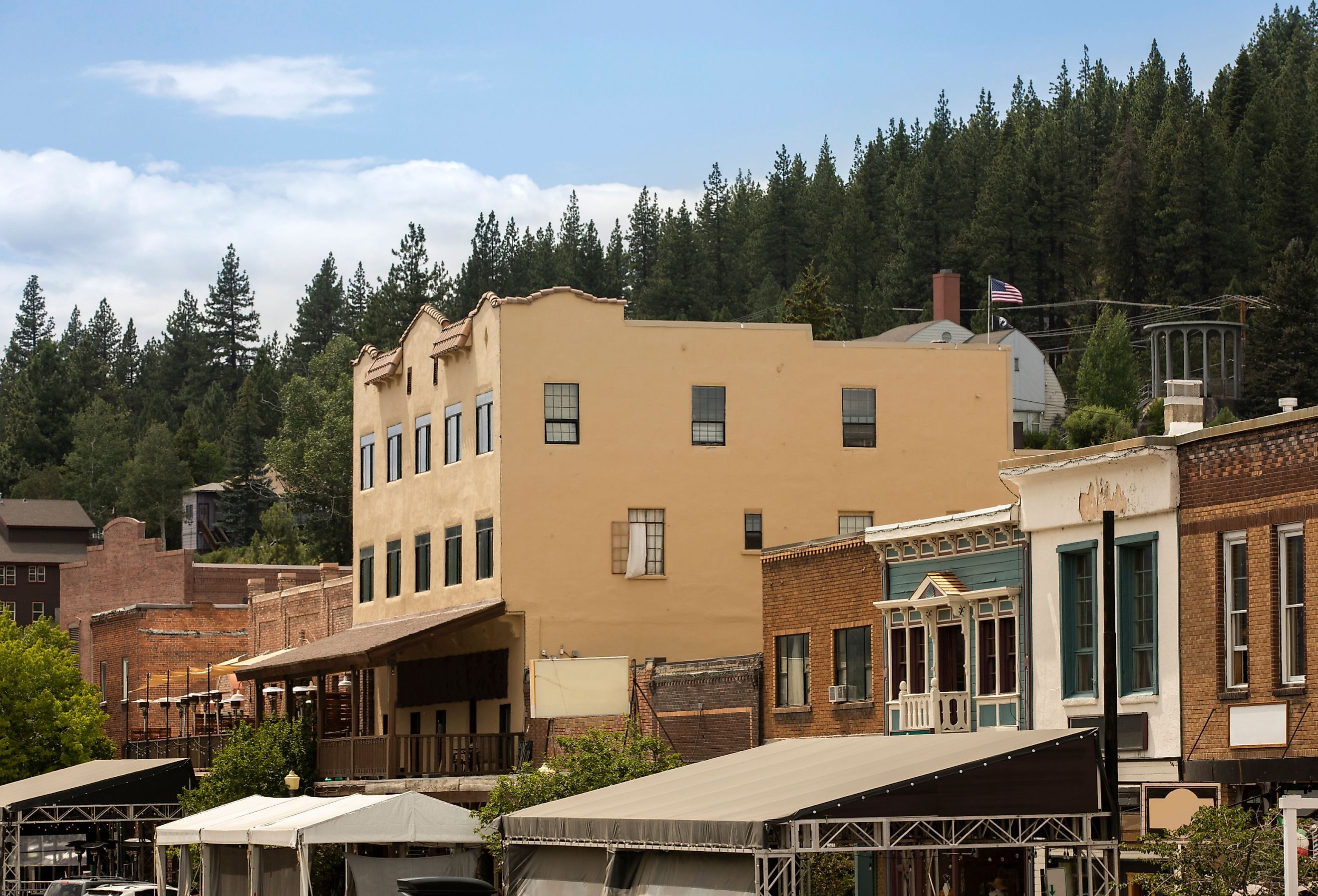 Afternoon sun shines on the historic gold rush era architecture of downtown Truckee, California, USA.