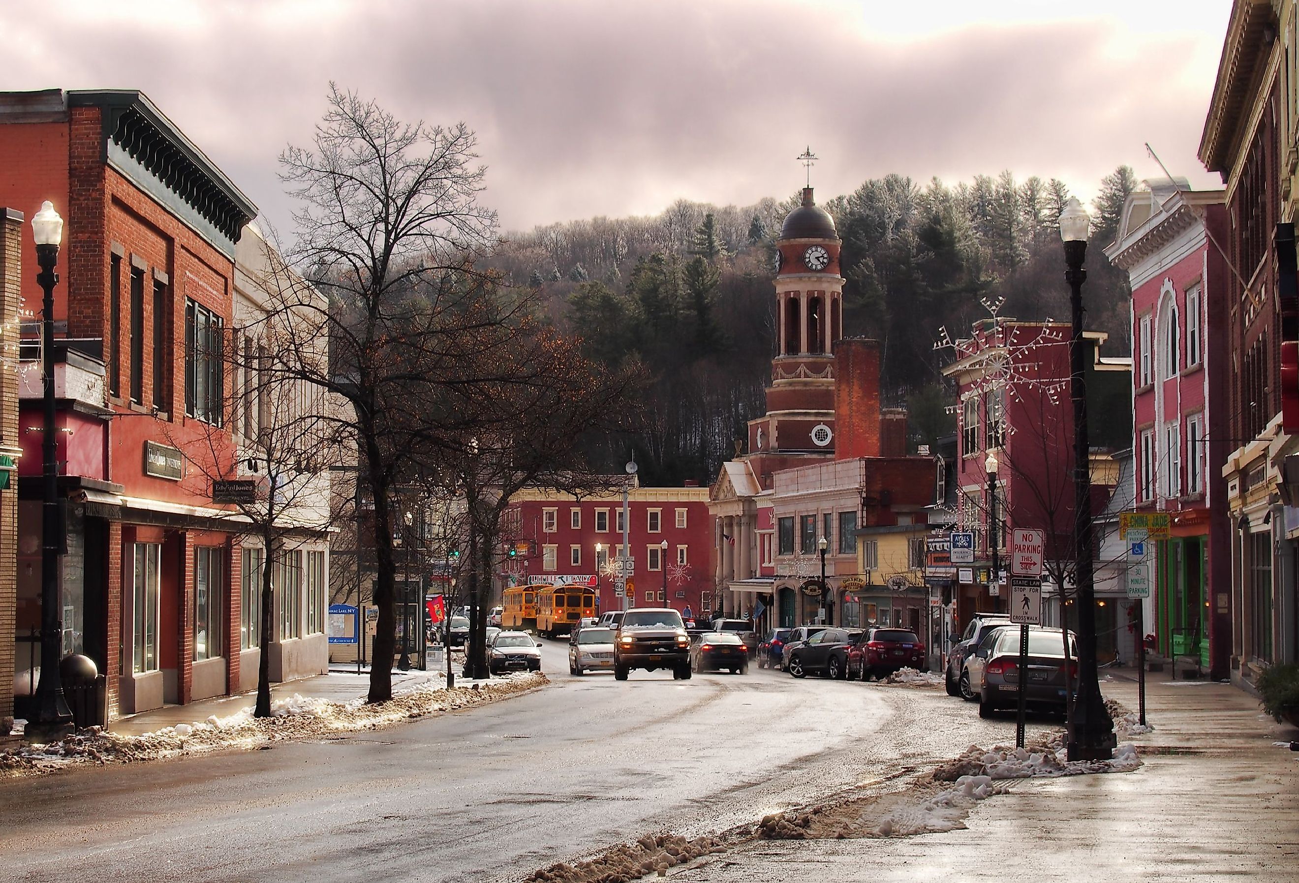 The beautiful small village of Saranac Lake, New York located in the Adirondack State Park in wintertime. Image credit debra millet via Shutterstock