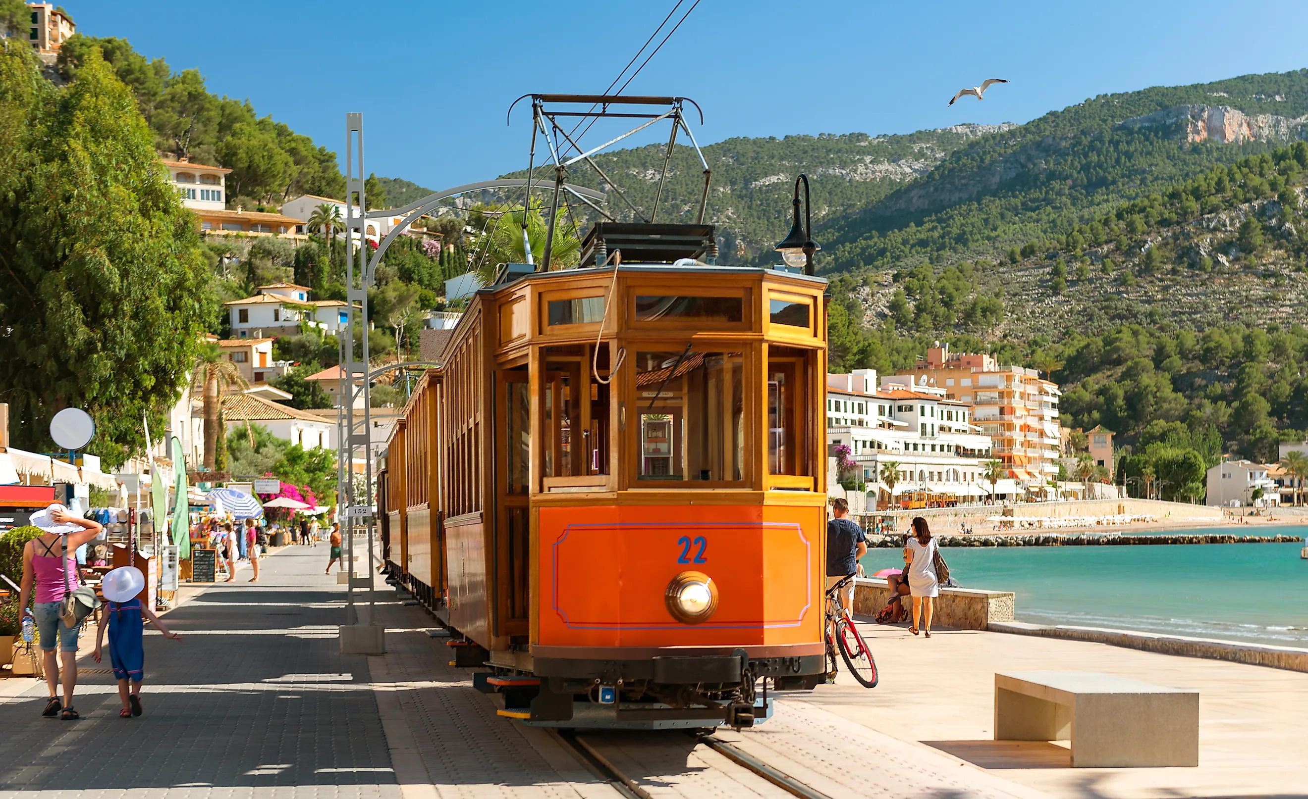 The famous orange tram runs from Soller to Port de Soller, Mallorca, Spain.