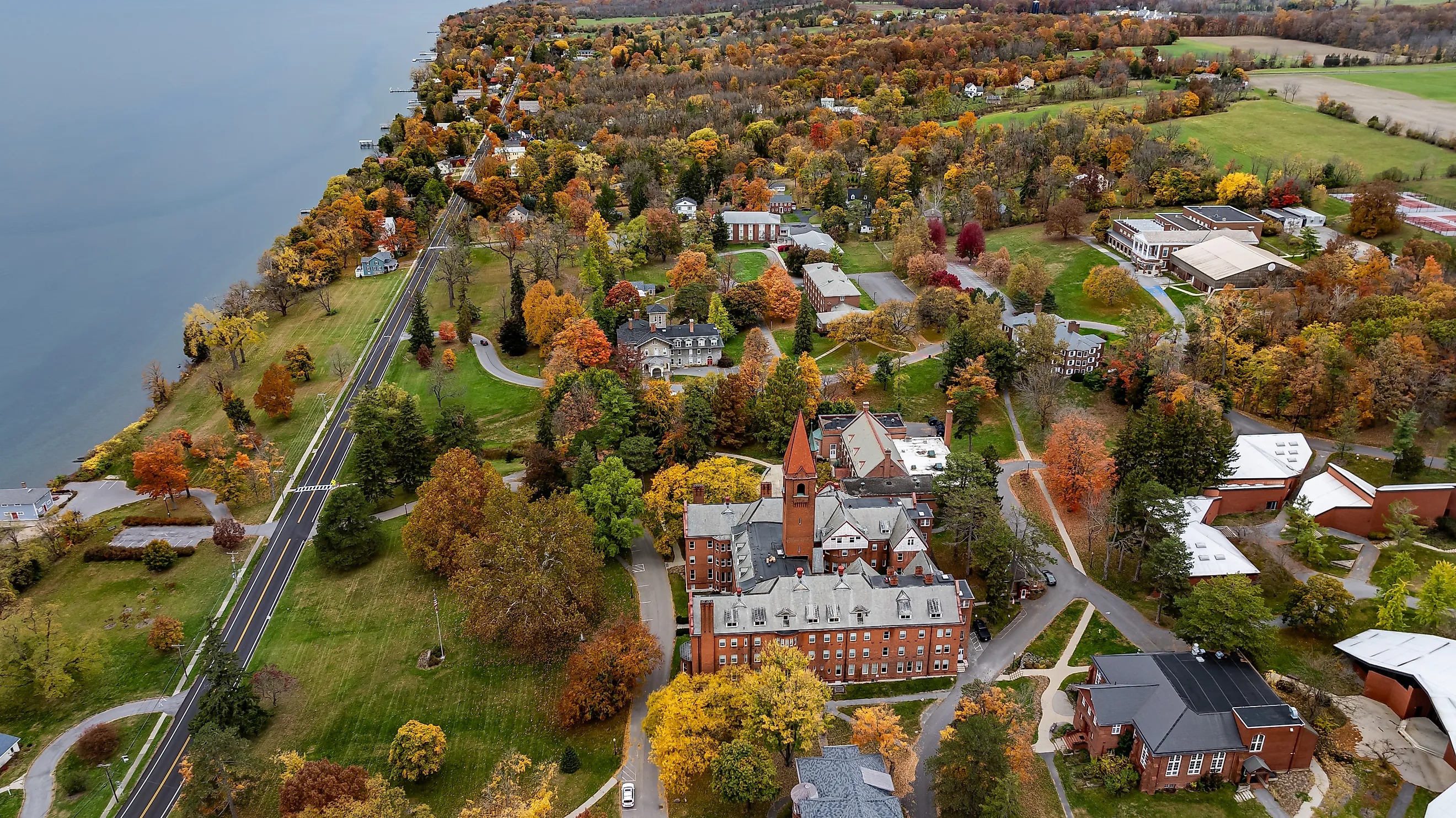 Aerial view of fall foliage around the Village of Aurora in Cayuga County, New York