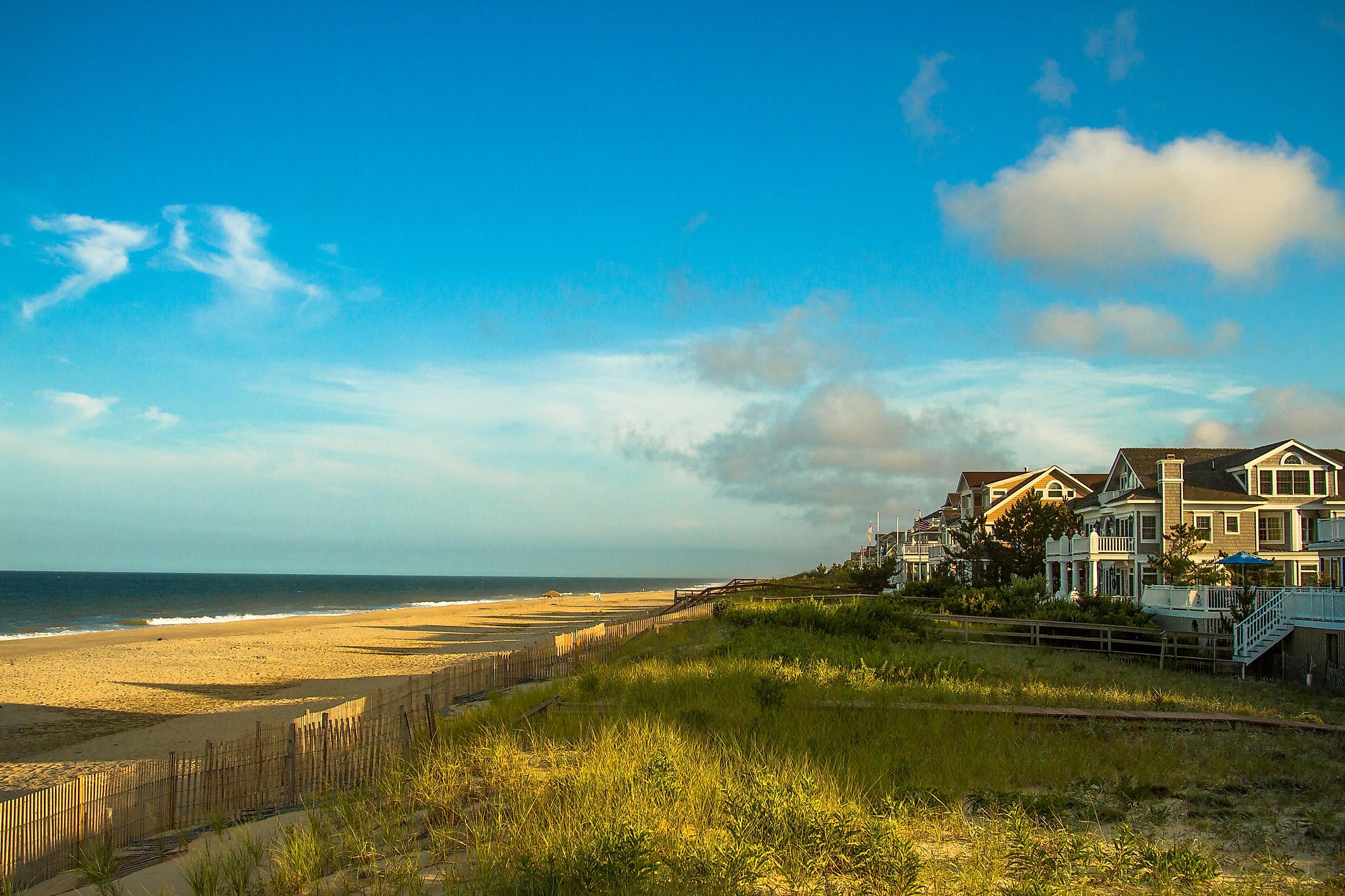 View of waterfront homes and the beach at Bethany Beach, Delaware.