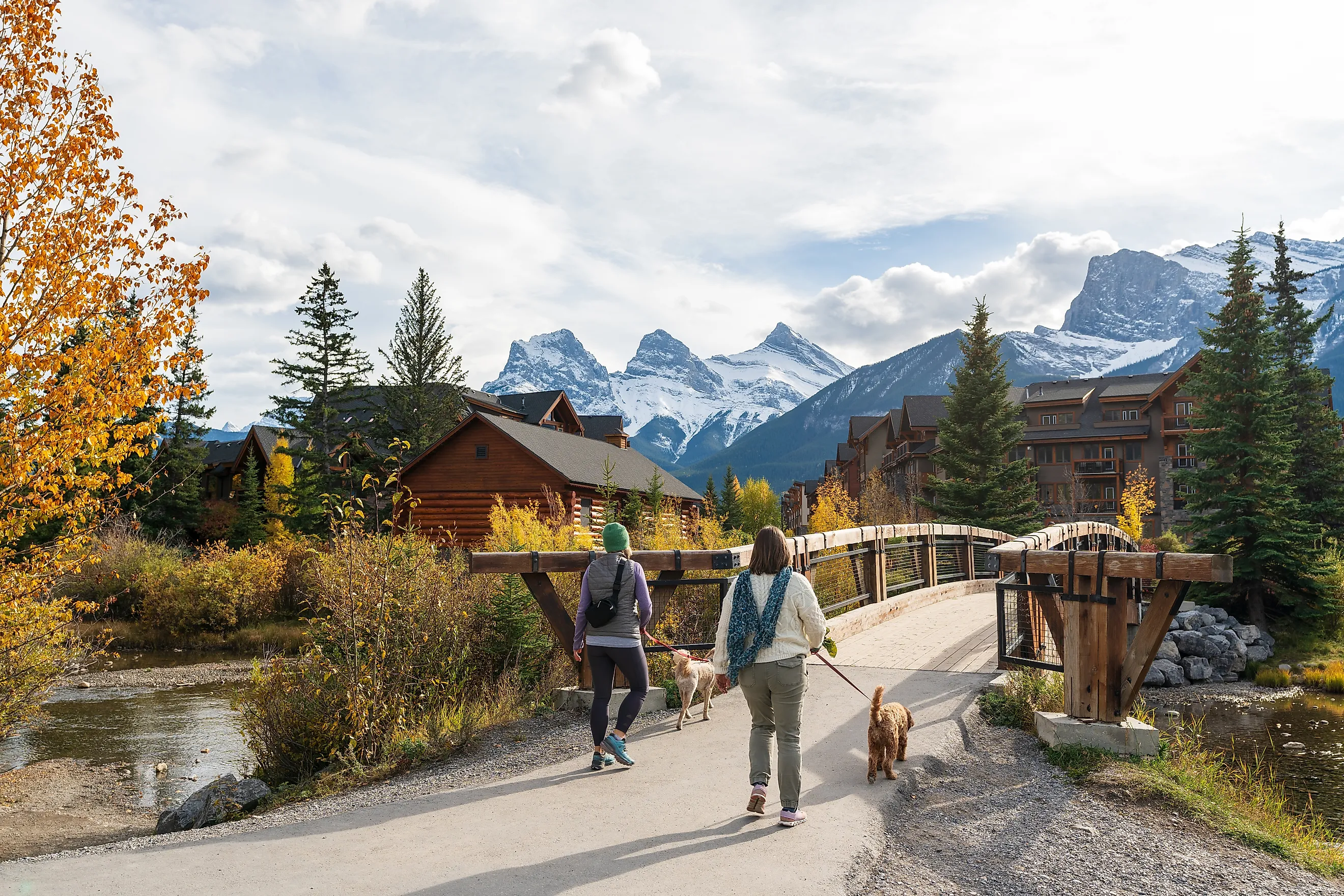 Residents walking their dogs in the town of Canmore during the fall season. 