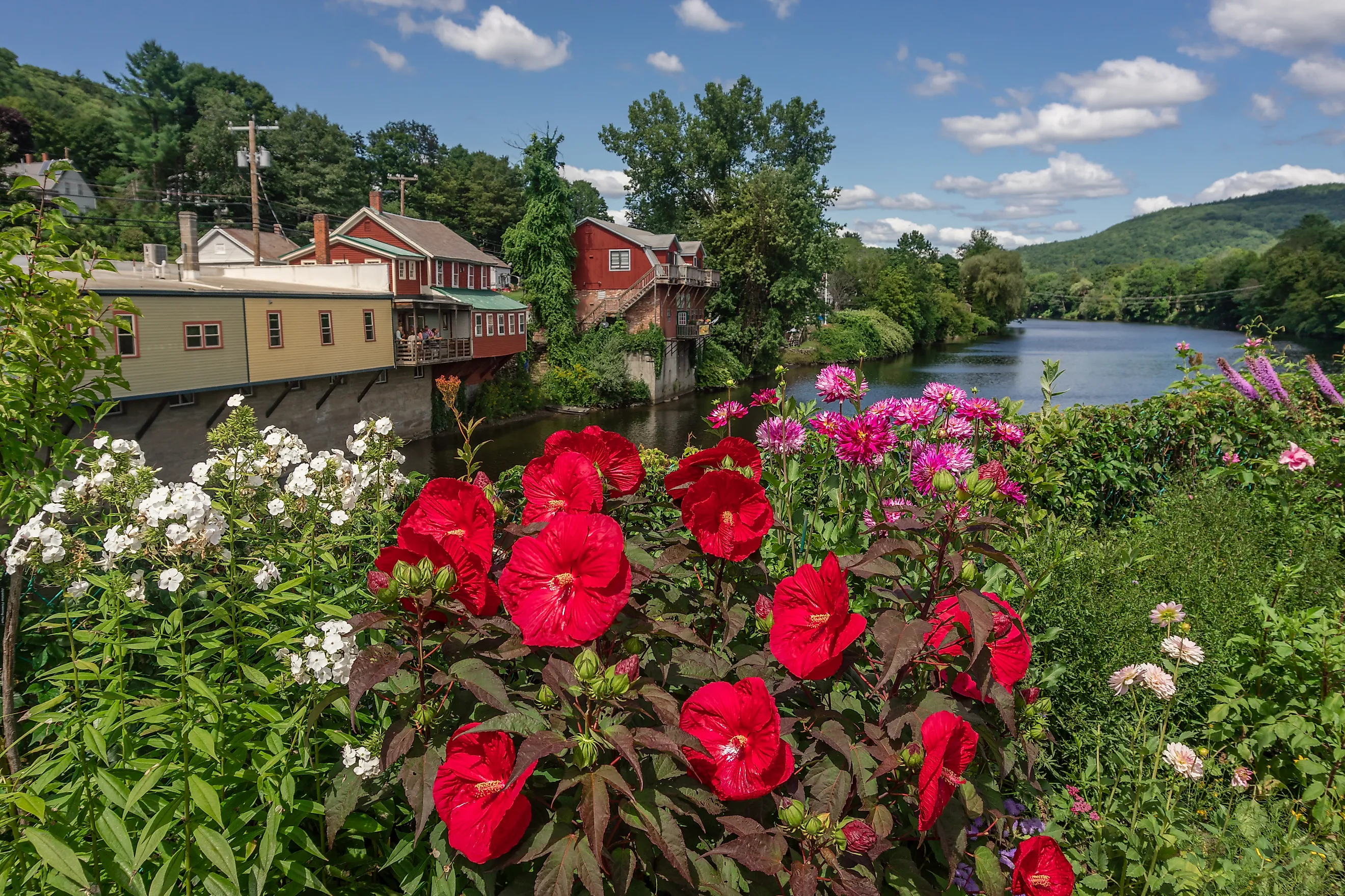 View of the picturesque town of Shelburne Falls, Massachusetts, and its scenic Bridge of Flowers.