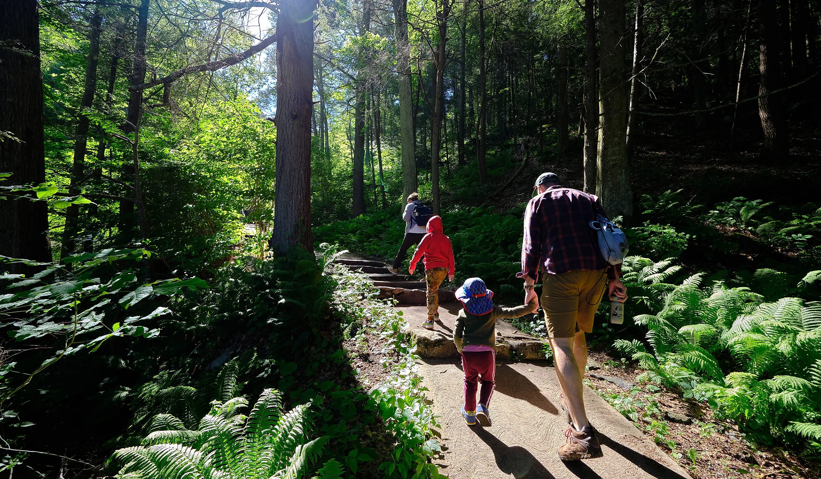 People hiking a trail at Kent Falls State Park. Editorial credit: Marcelo Murillo / Shutterstock.com