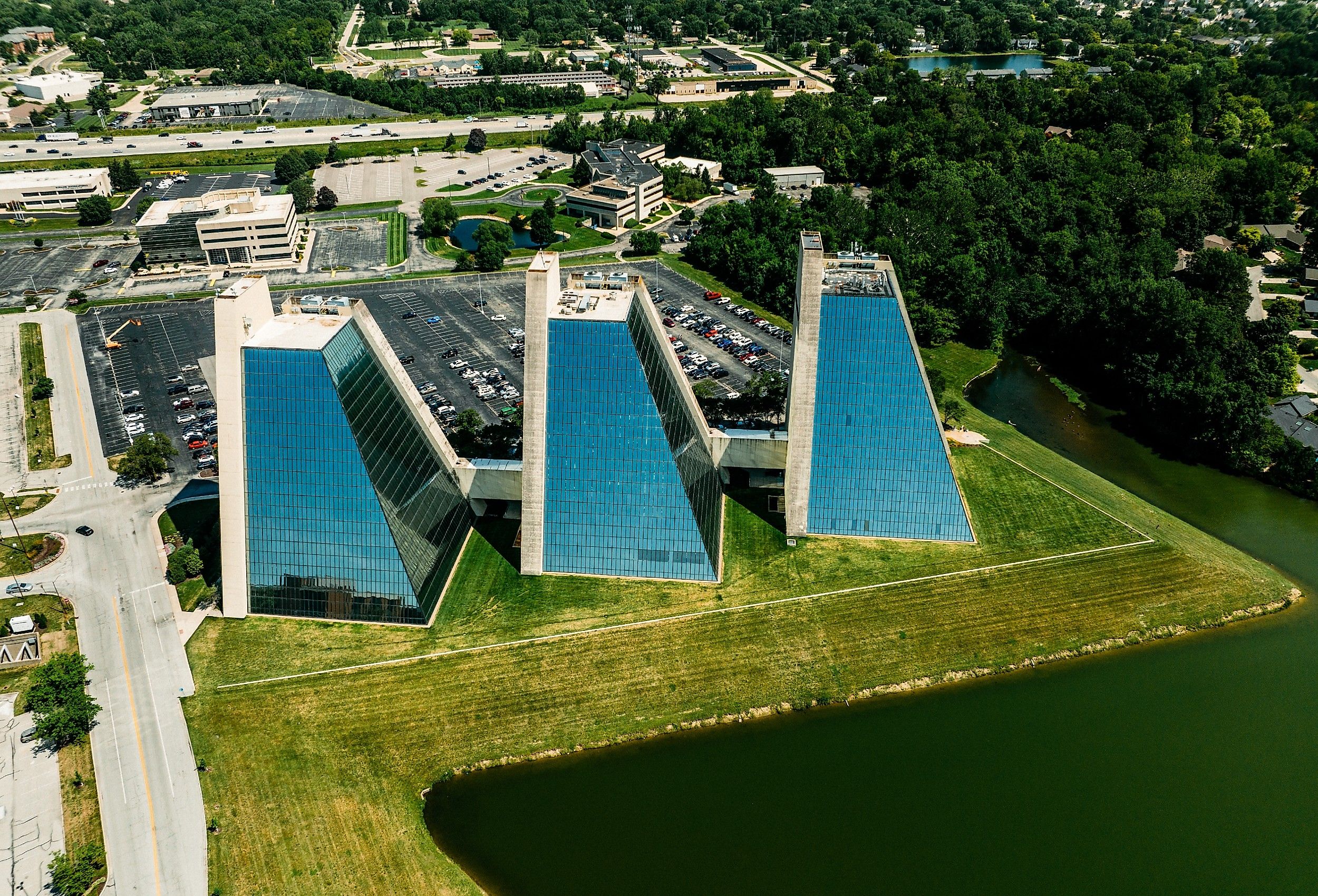 An aerial view of The Pyramids office buildings in northern Indianapolis, Indiana. Image credit Ted Alexander Somerville via Shutterstock