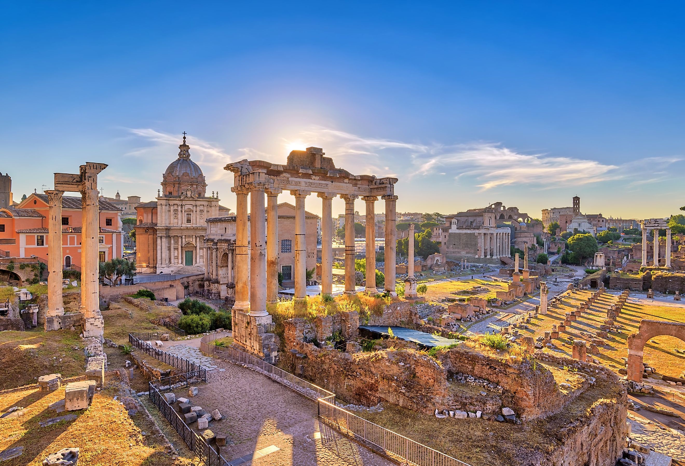 Rome sunrise city skyline at the Rome Forum, Rome, Italy.