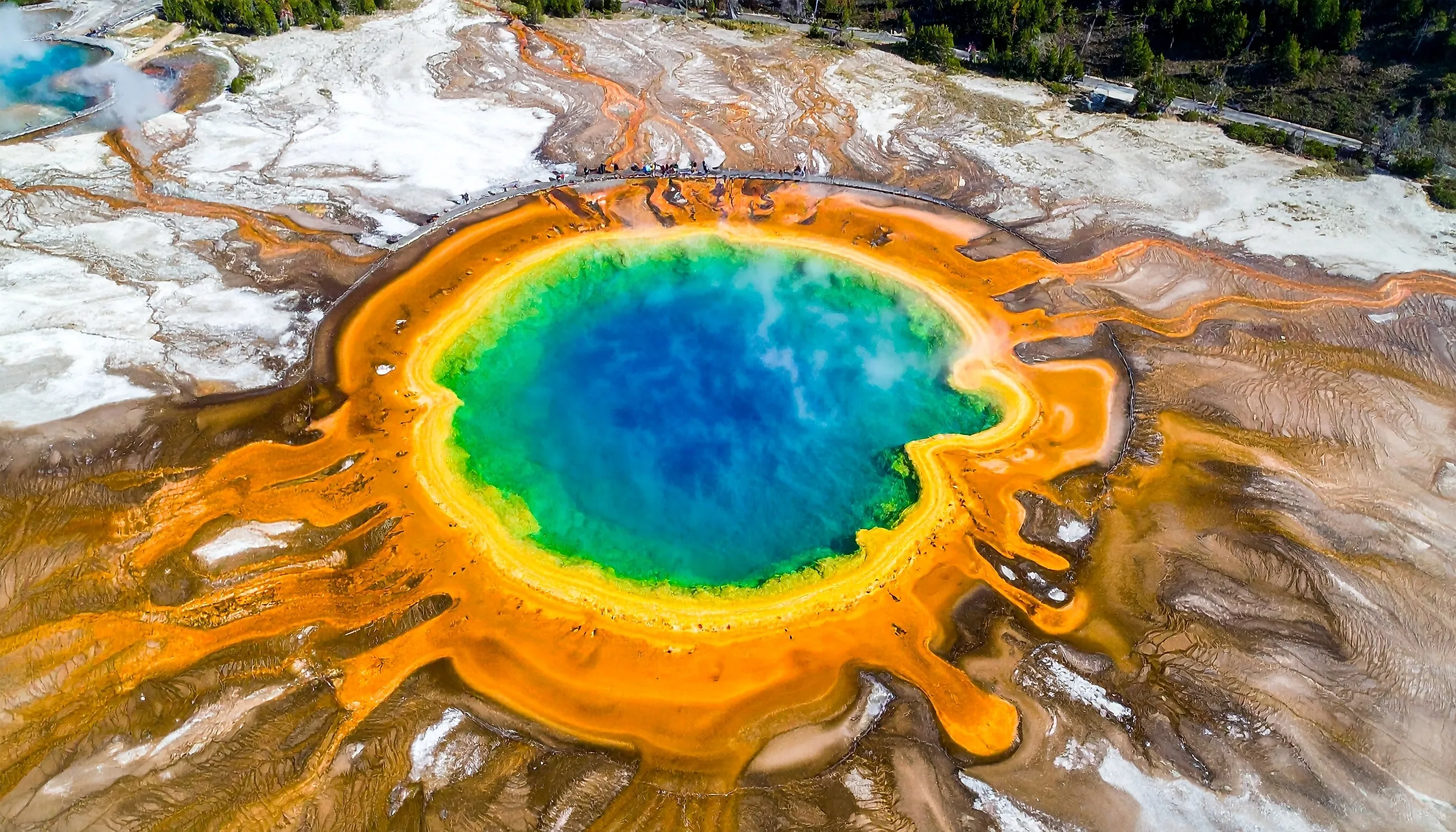 Aerial shot of Grand Prismatic Spring in Yellowstone National Park.