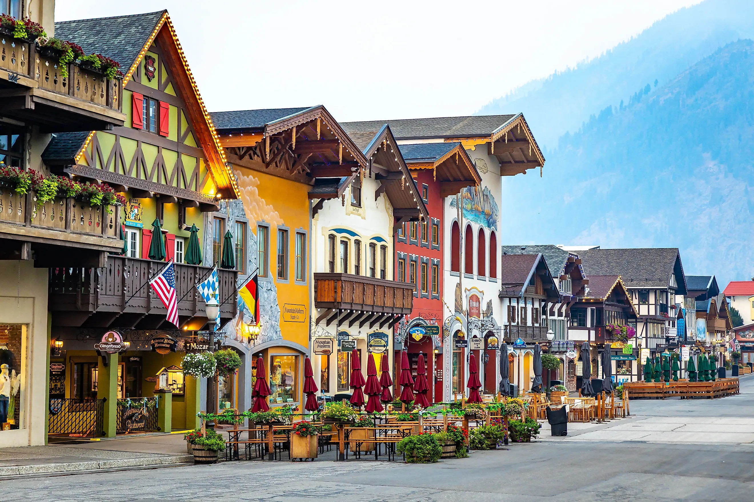 Vibrant painted Bavarian-style buildings in  Leavenworth, Washington.