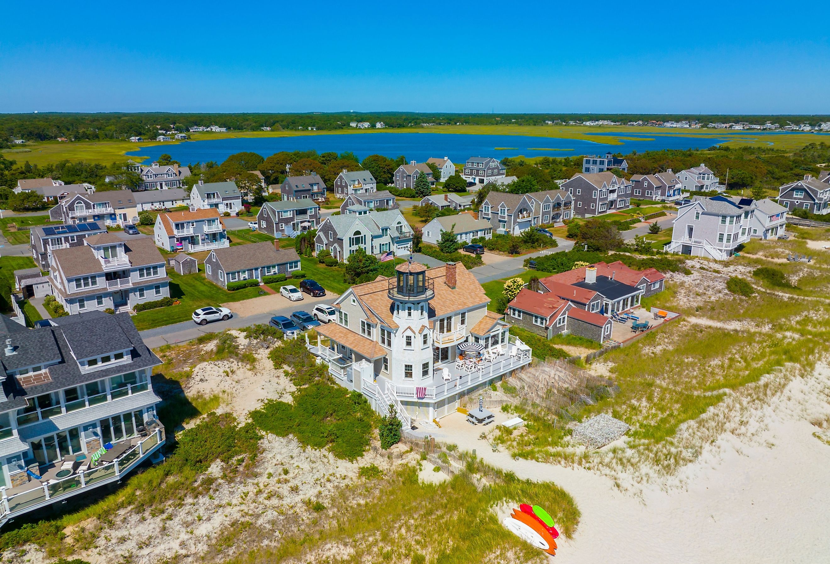 Sea Gull Beach Lighthouse aerial view at Great Island next to Seagull Beach, West Yarmouth, Cape Cod, Massachusetts