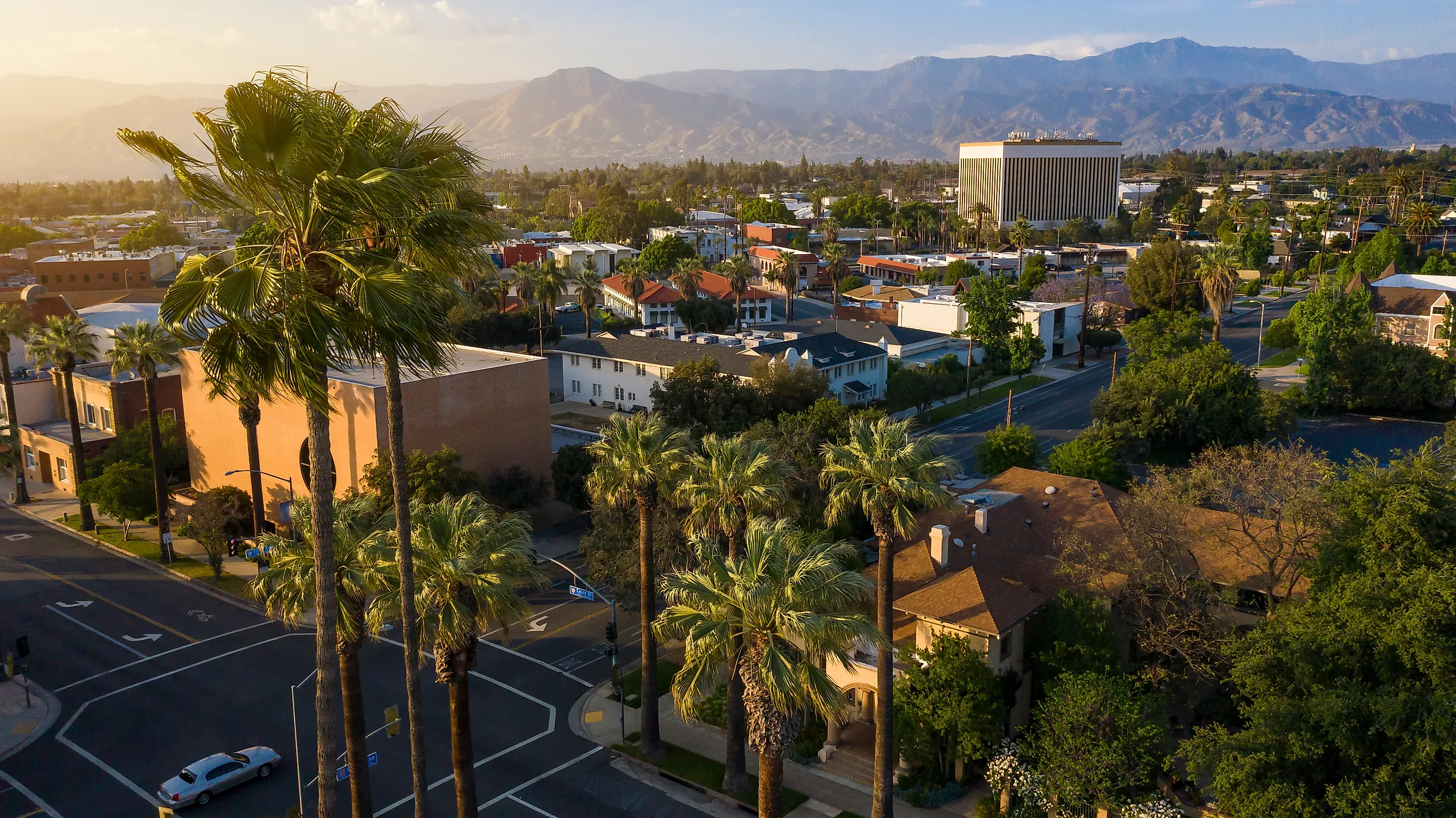 Aerial view of the historic downtown of Redlands, California.