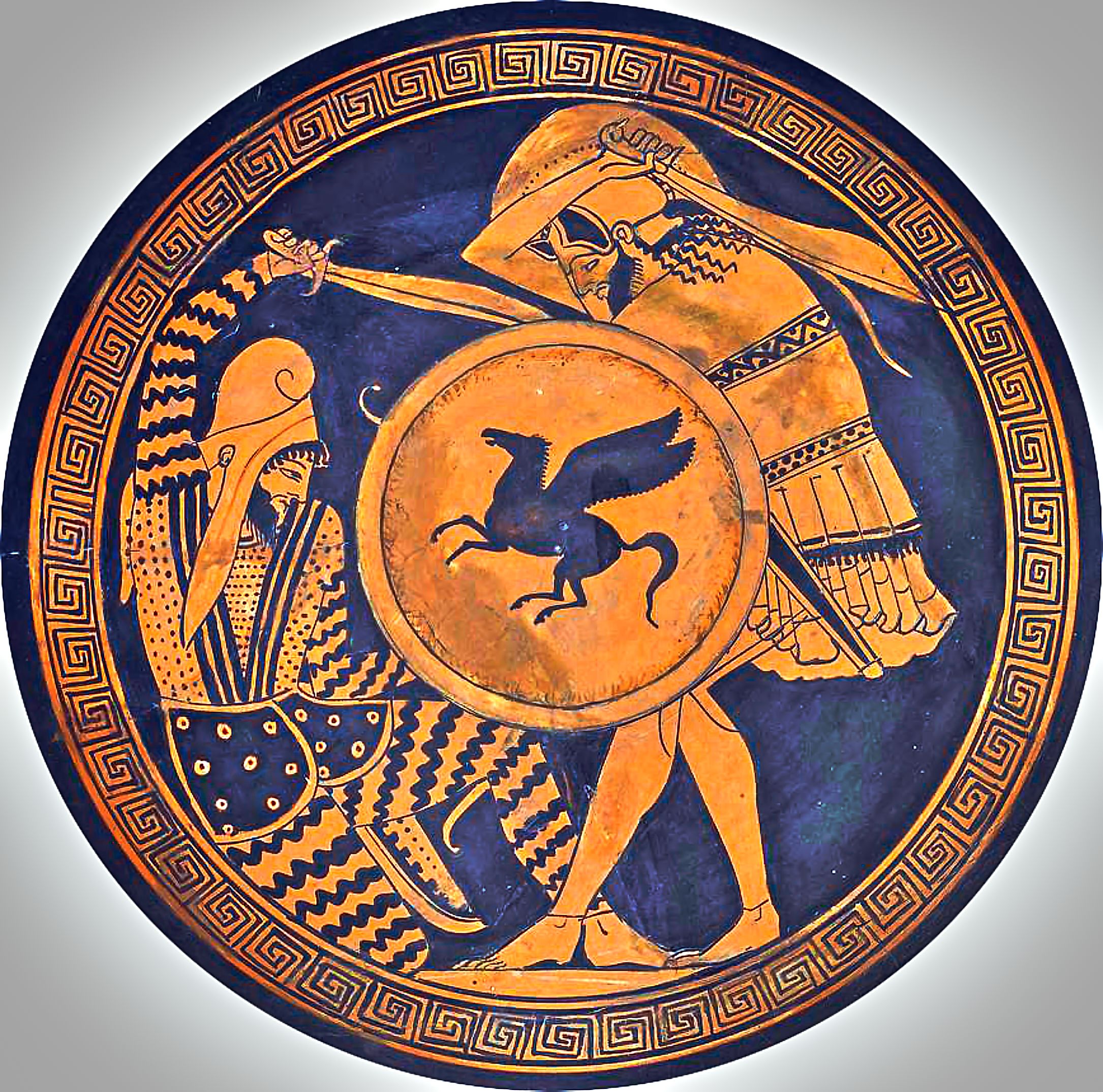 Greek hoplite and Persian warrior fighting each other. Depiction in ancient kylix. 5th c. B.C. National Archaeological Museum of Athens. Image via Wikimedia Commons.