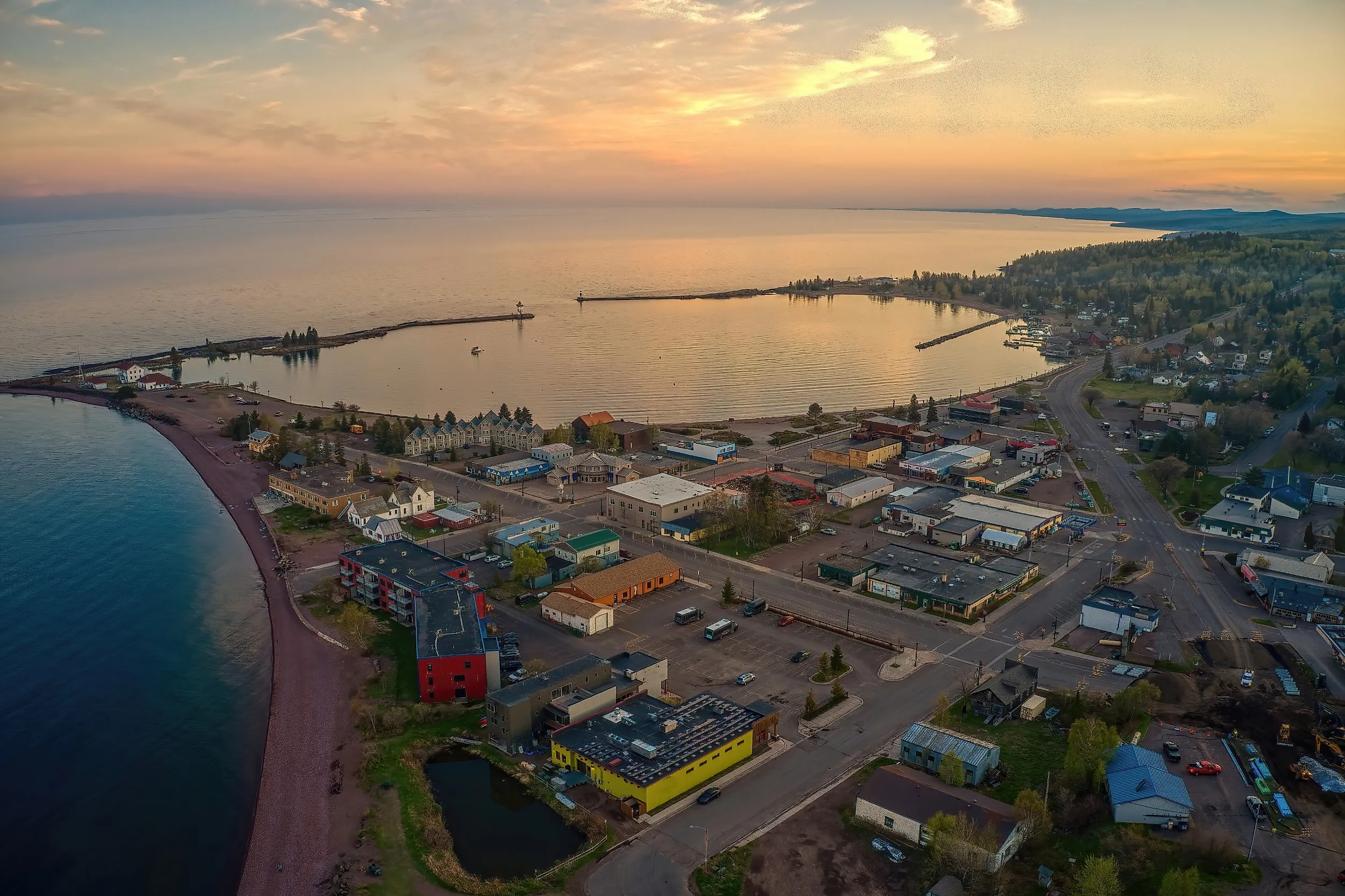 Aerial View of Grand Marais, Minnesota, at sunset.