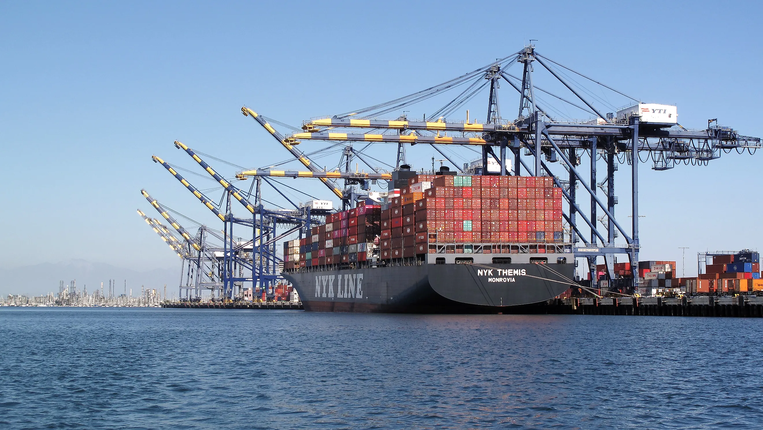 Container ship NYK Themis at the Port of Los Angeles, By Downtowngal - Own work, CC BY-SA 4.0, https://commons.wikimedia.org/w/index.php?curid=110231001