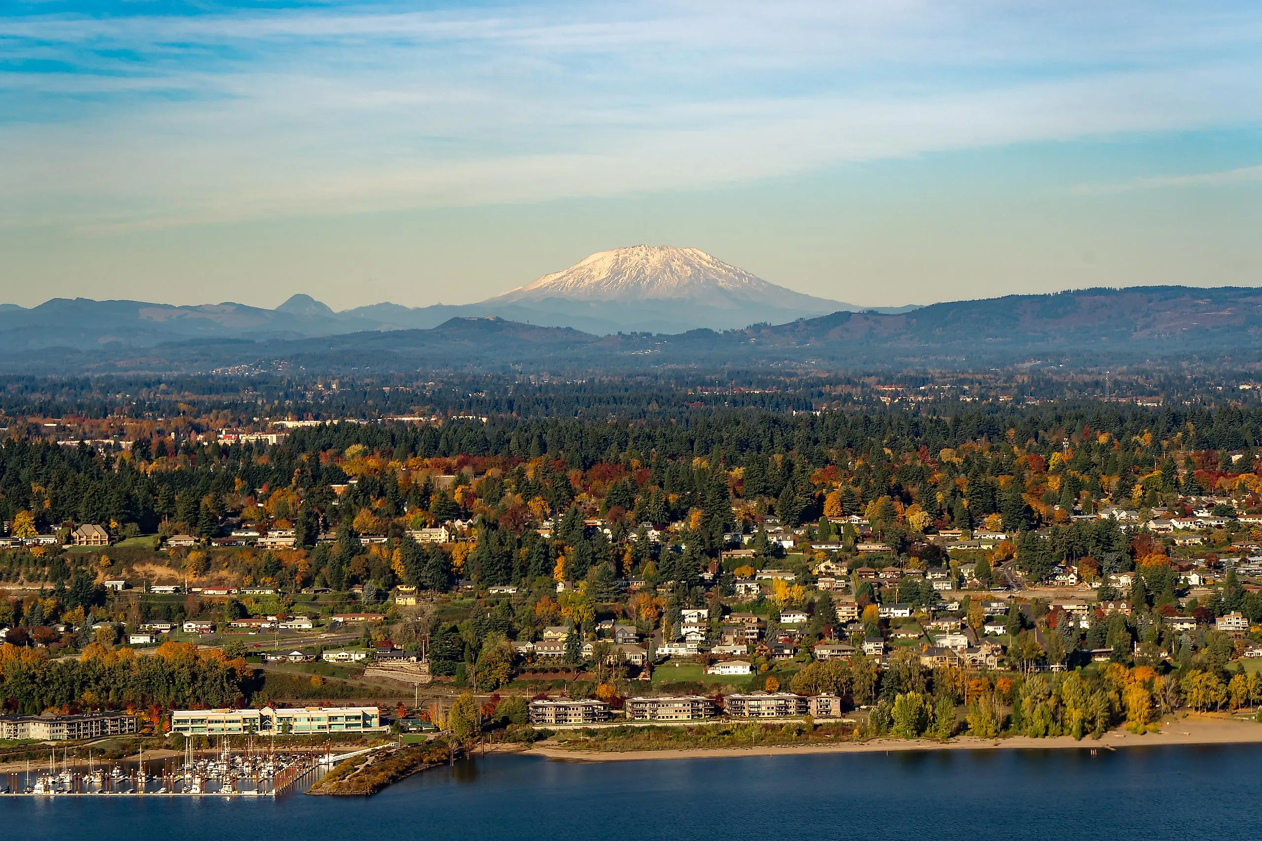 Mt Saint Helens and the Columbia River enhancing the beauty of Vancouver, Washington, during fall.