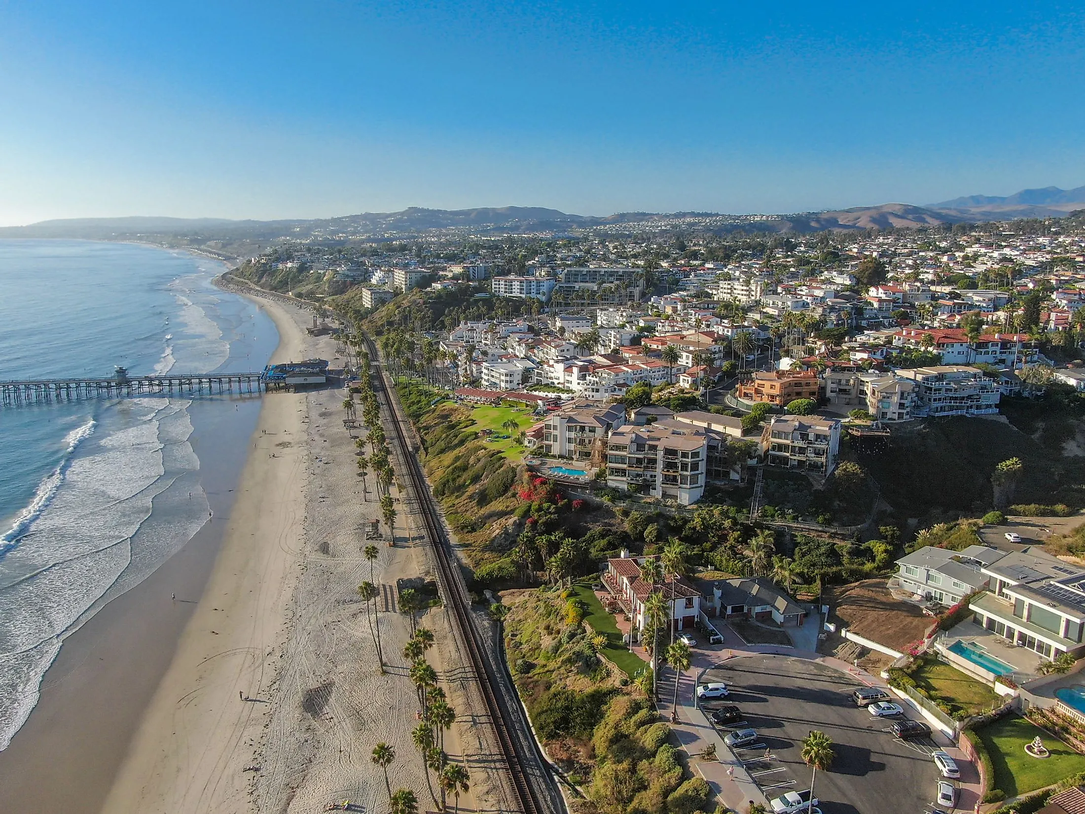 Aerial view of San Clemente coastline town and beach, Orange County, California.