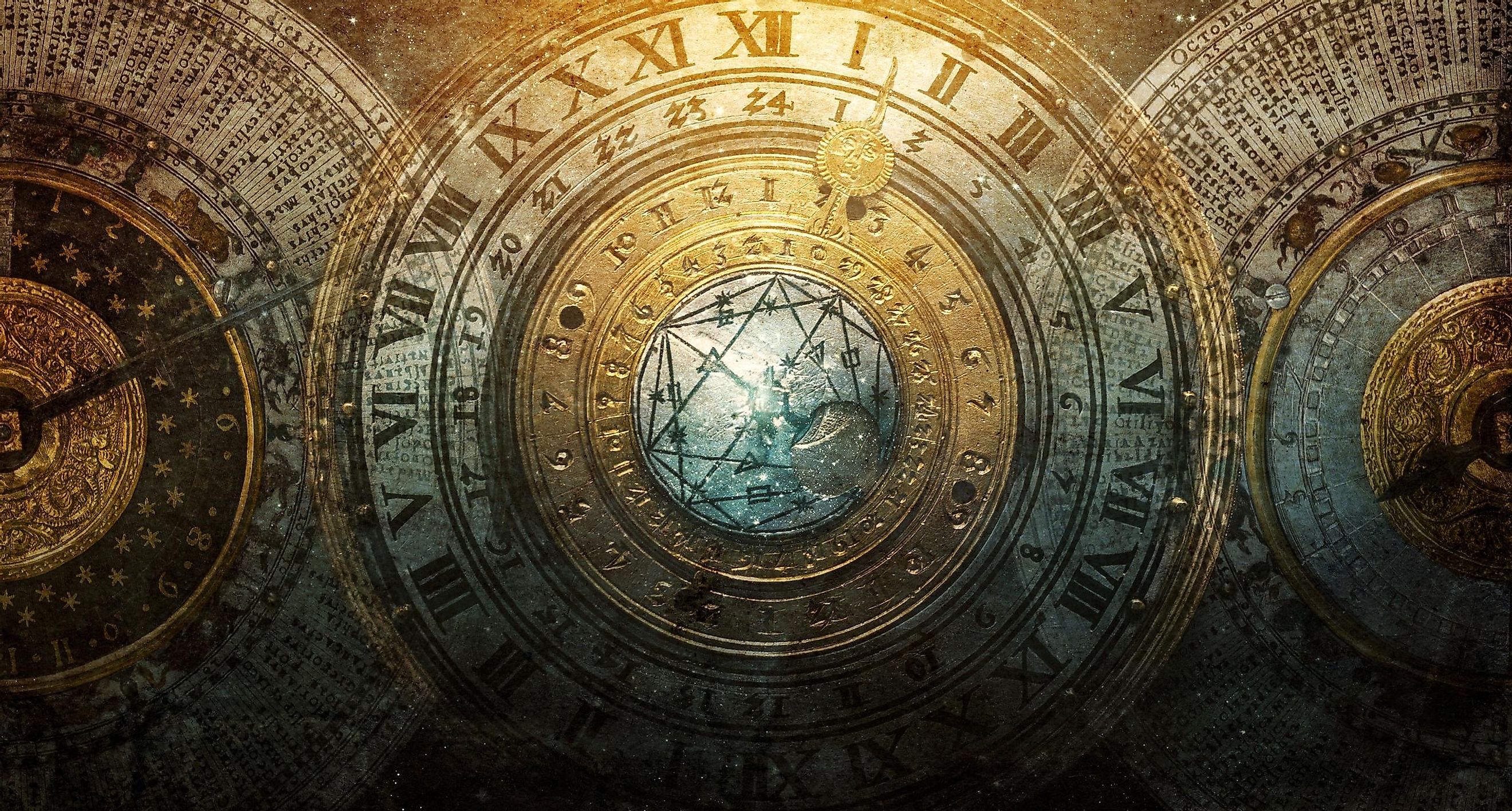 An ancient calendar adorned with constellations and intricate astronomical instruments. This symbolizes various concepts, including science, astronomy, astrology, mystery, education, mysticism, numerology, occultism, divination, and philosophy.