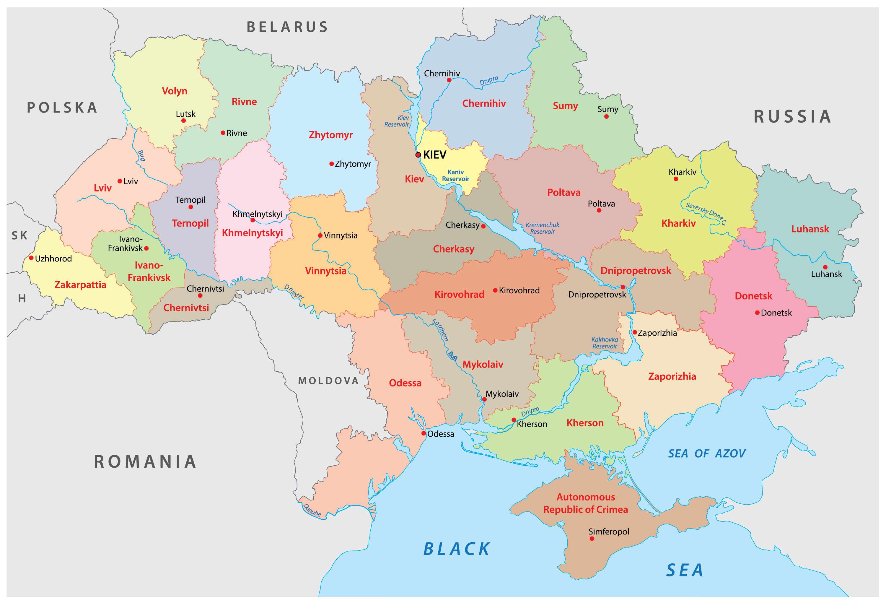 Bản đồ Ukraine năm 2024 (Map of Ukraine, Carte de l'Ukraine)