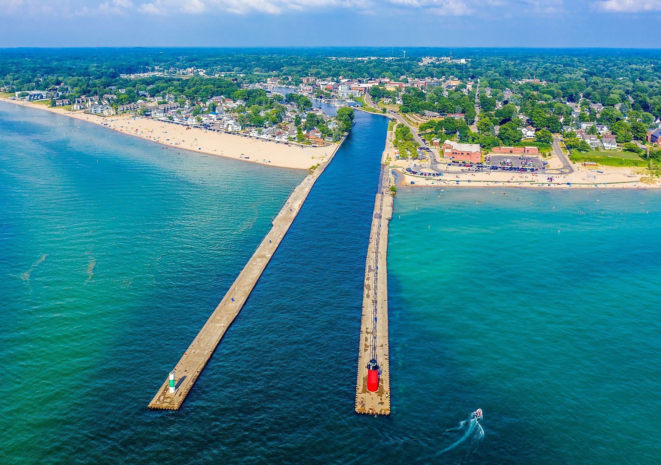 Aerial view of South Haven Lighthouse on Lake Michigan
