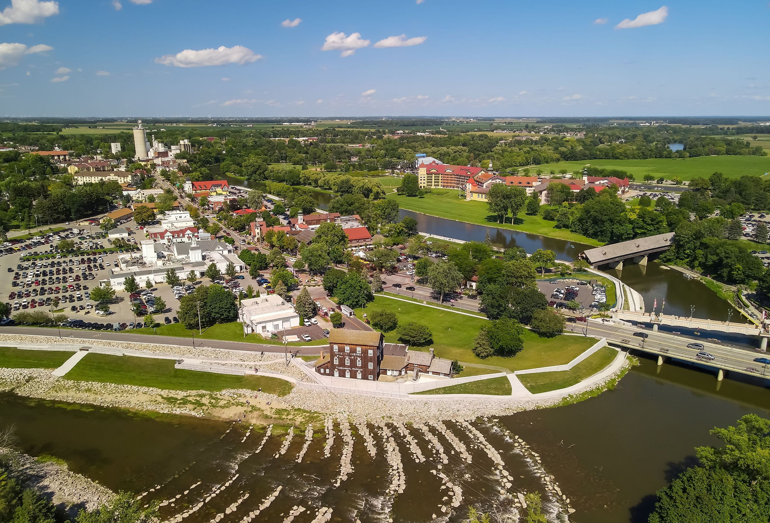 Aerial view of Frankenmuth city in Michigan, known for its Bavarian-style architecture. Image credit SNEHIT PHOTO via Shutterstock
