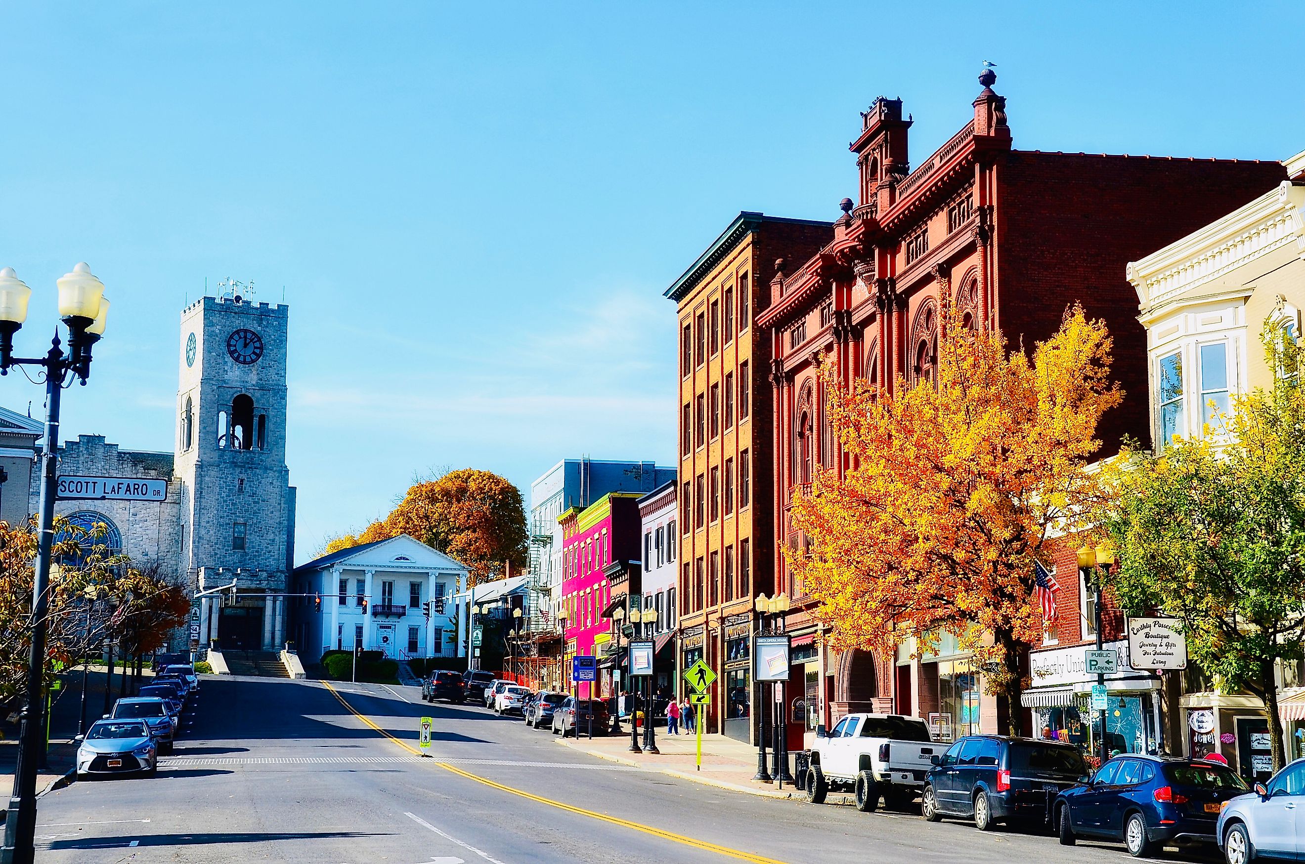 Cityscape- Downtown street view and buildings. Geneva is located at the northern end of Seneca Lake, New York. A charming small town in America