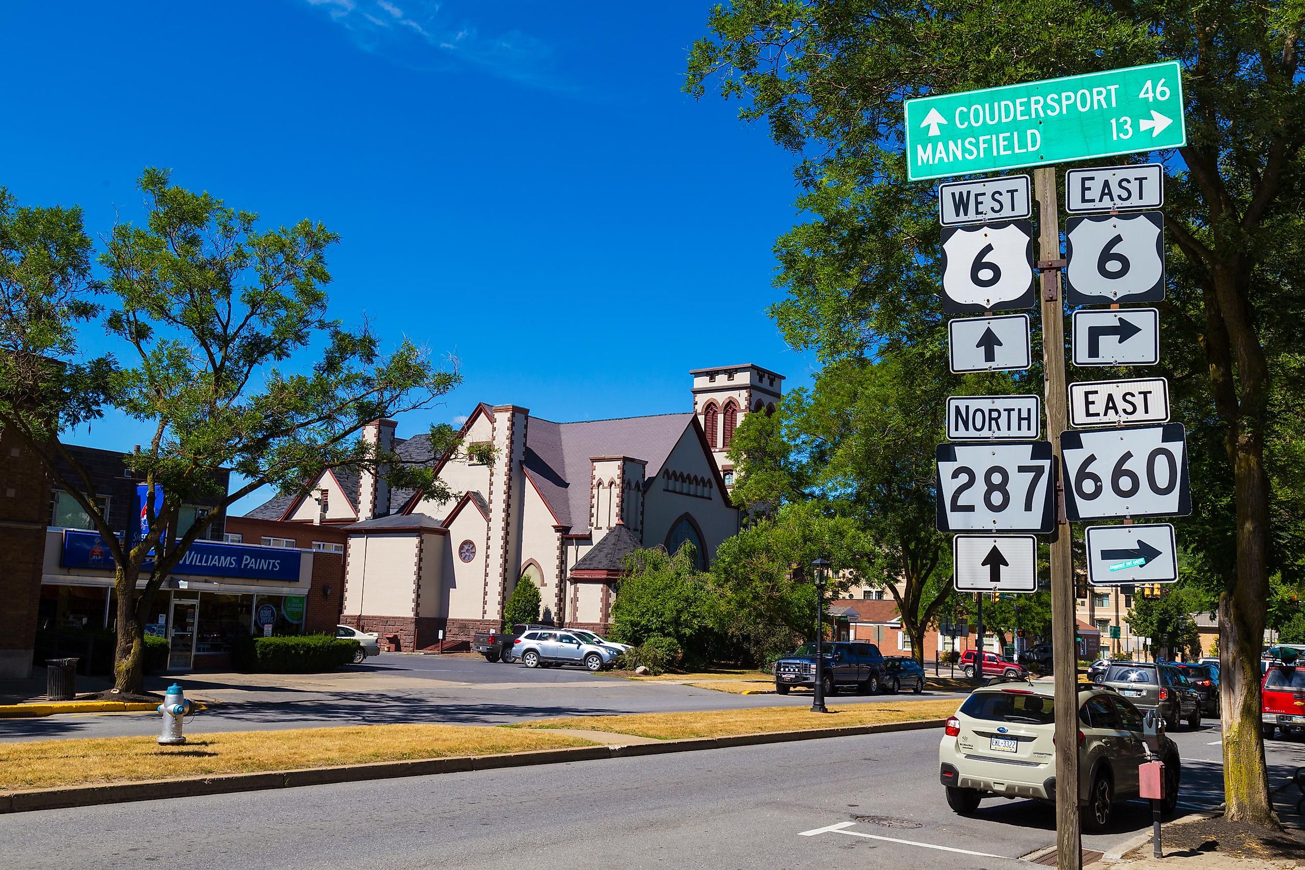 Directional Route Signs on the Main Street of Wellsboro in Tioga County, Pennsylvania, via George Sheldon / Shutterstock.com