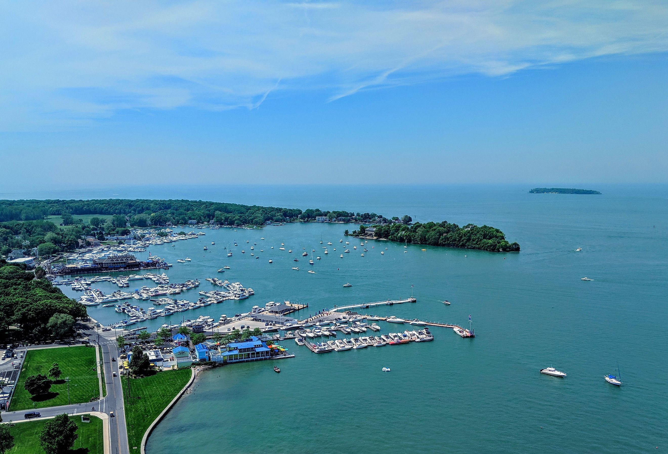 Aerial view of South Bass Island, including the harbor and town from Perry's Victory and International Peace Memorial, Put-in-bay, Ohio. Image credit LukeandKarla.Travel via Shutterstock