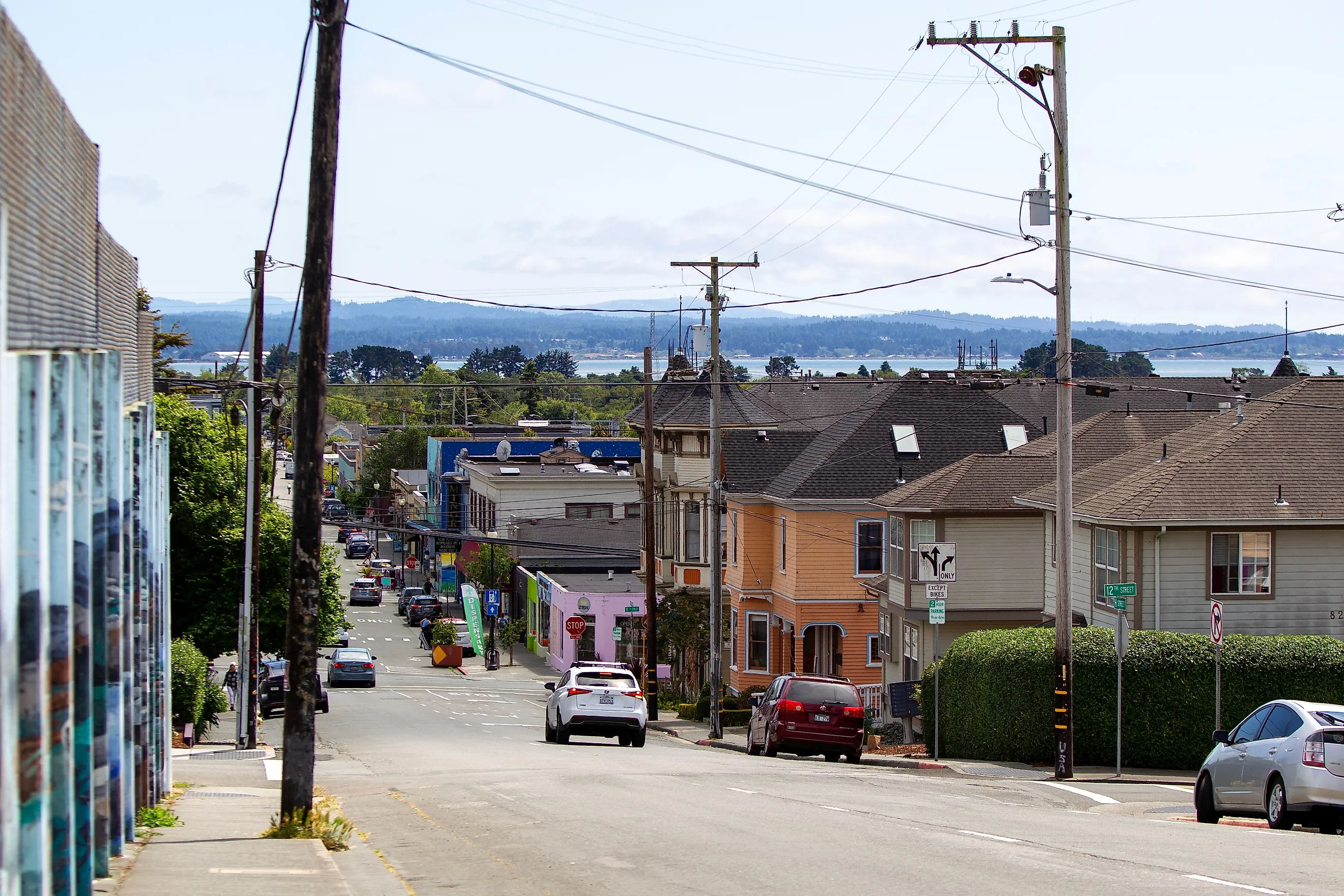 Historic buildings line downtown Arcata, California.