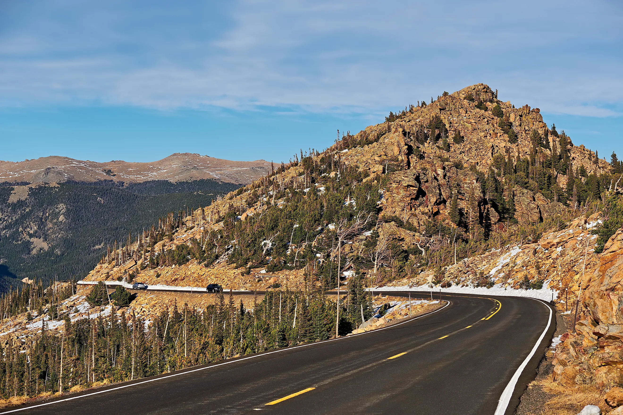 Trail Ridge Road running through high alpine tundra in Rocky Mountain National Park, Colorado.