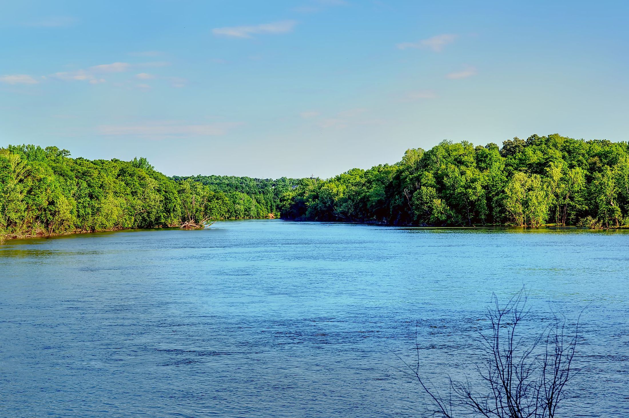 A view looking down stream on the Catawba River with forest on each side. 