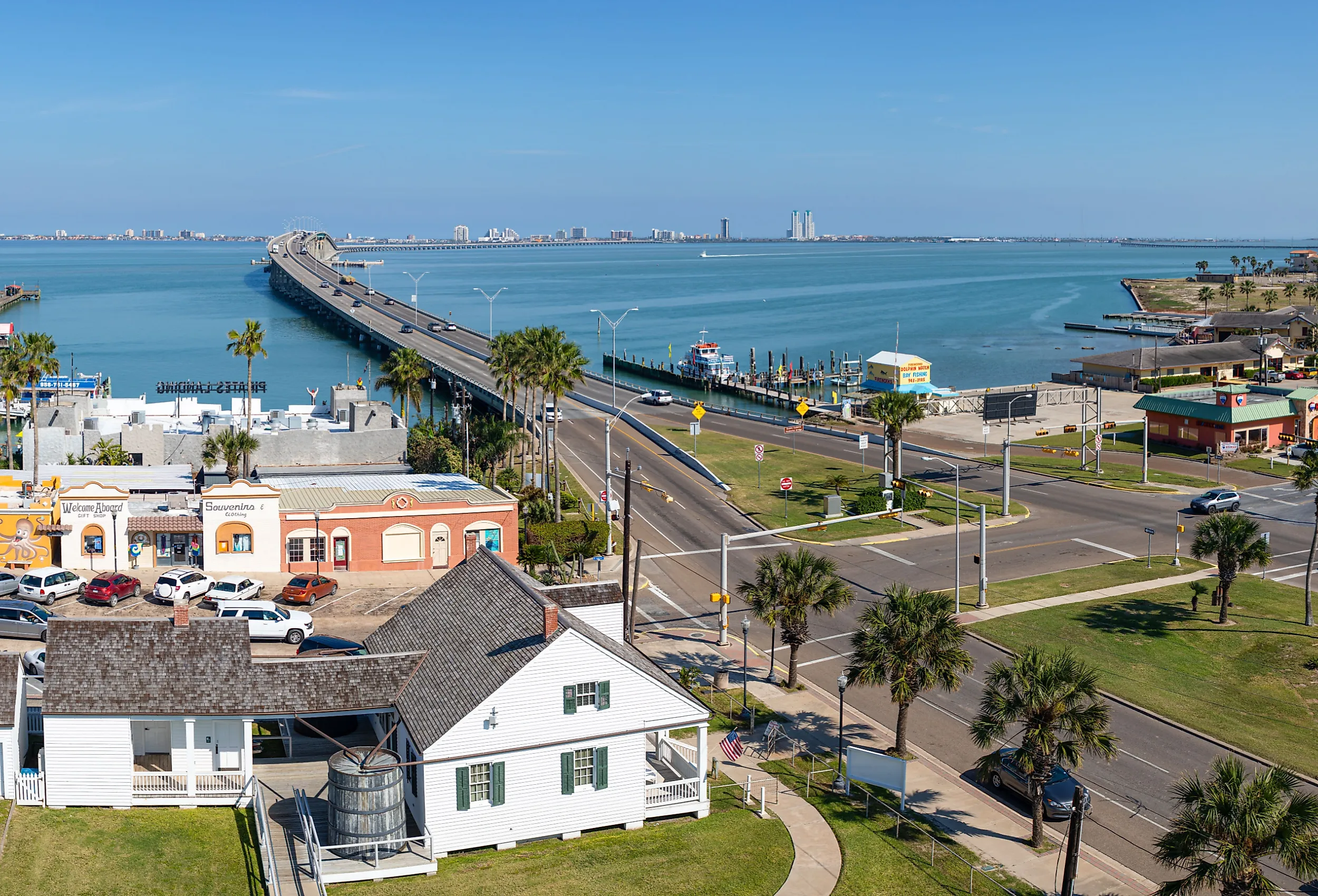 Aerial view of South Padre Island, across the Laguna Madre, from Port Isabel, Texas.