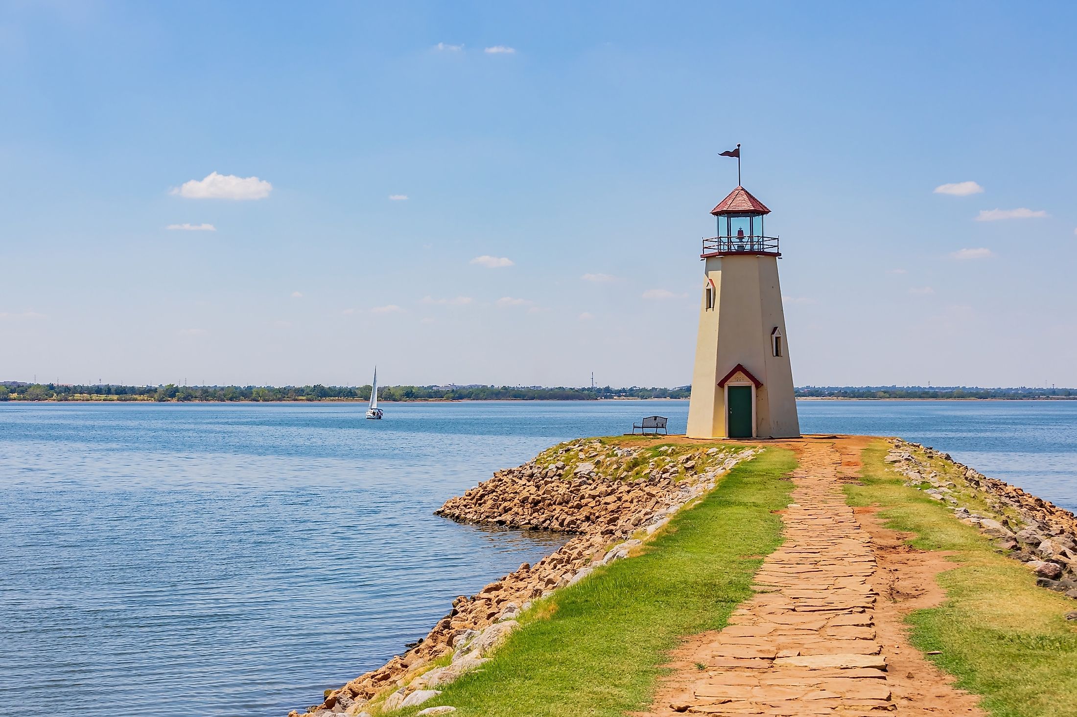 Lake Hefner lighthouse with a sailing boat at Oklahoma