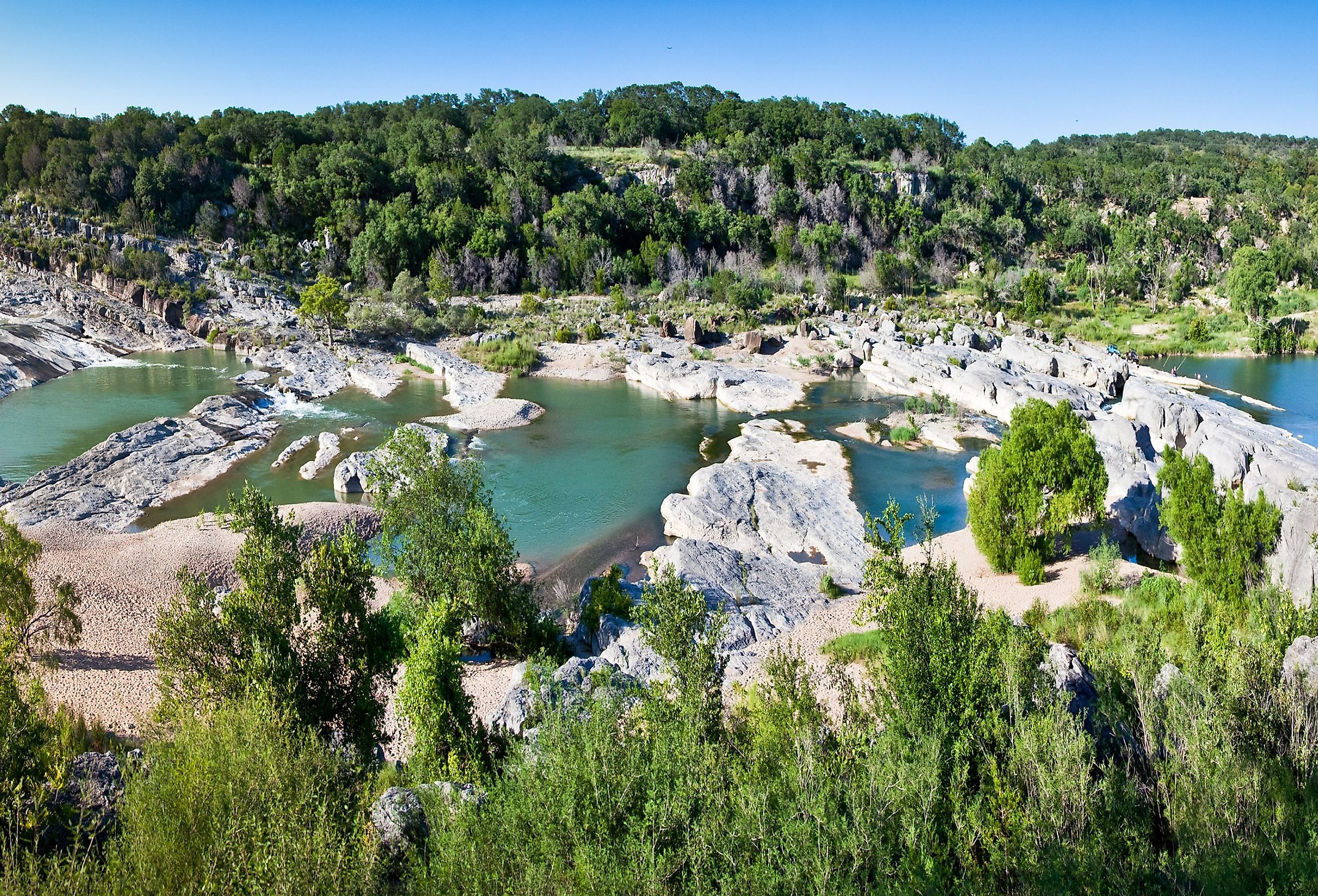 Panoramic view of Pedernales River Falls, in Pedernales Falls State Park.