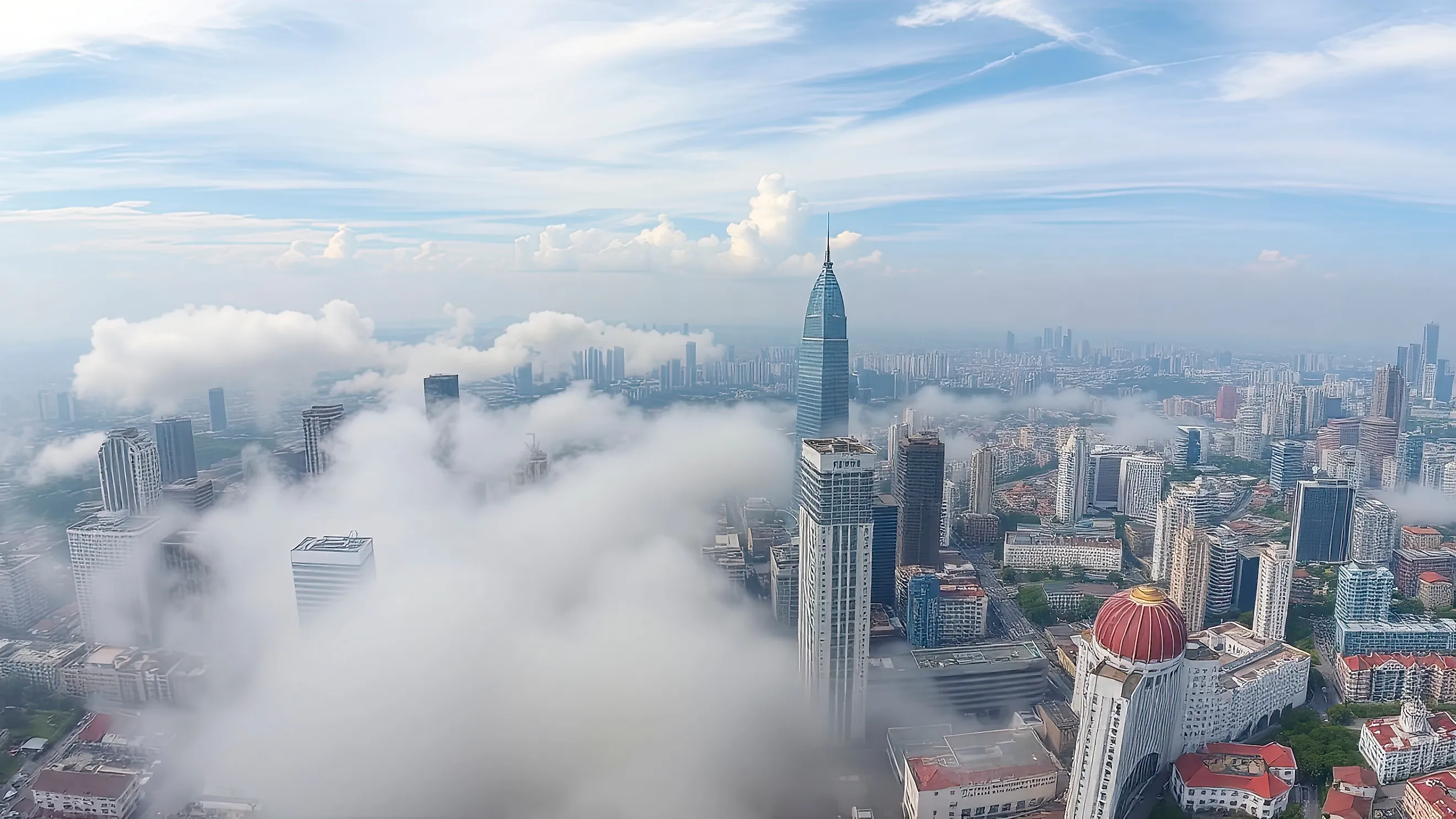 Cityscape of Chongqing at dawn with clouds covering buildings.