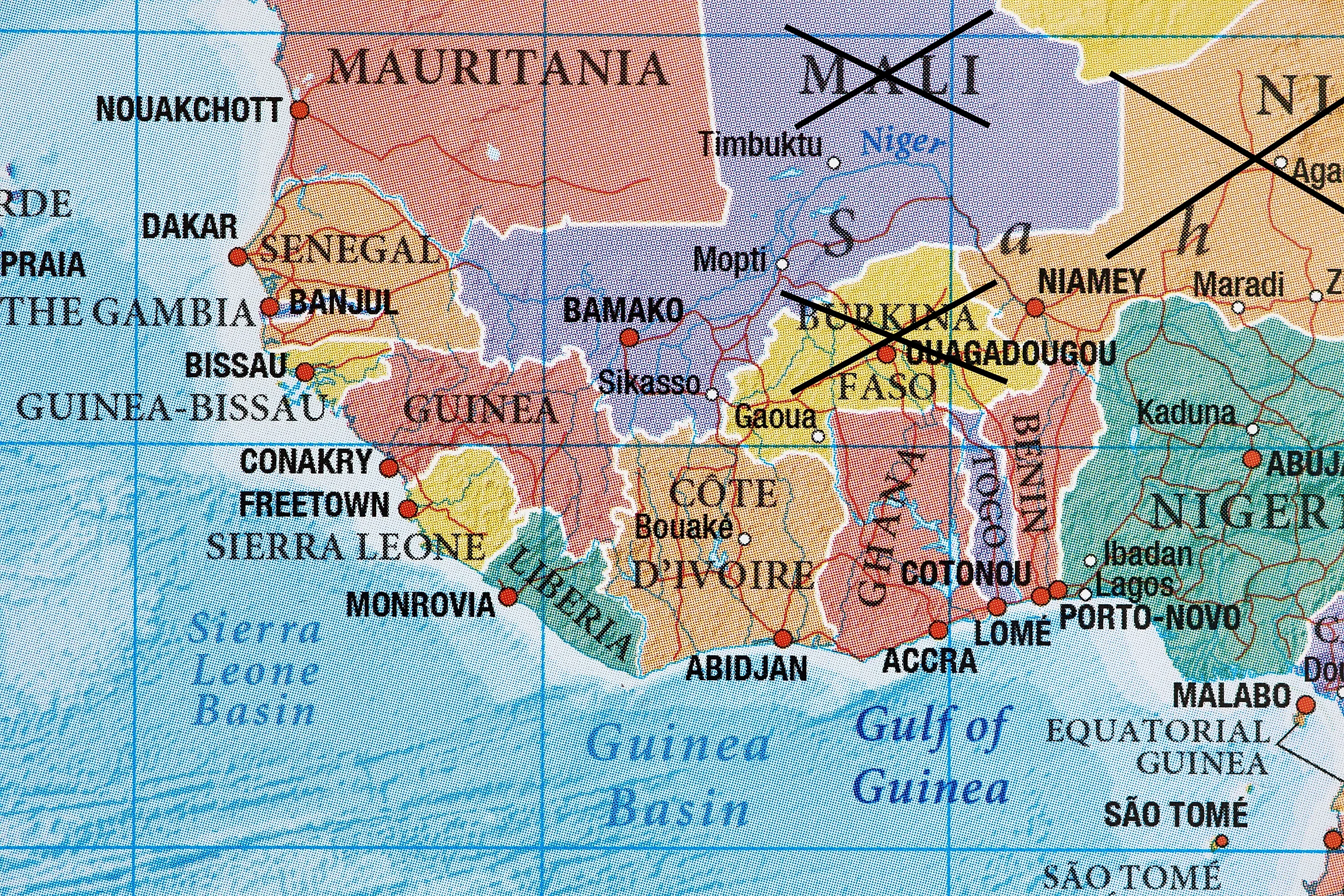 Senegal, Guinea, Liberia, Cote D'ivoire, Ghana, Togo, Benin, Burkina Faso on the world map.