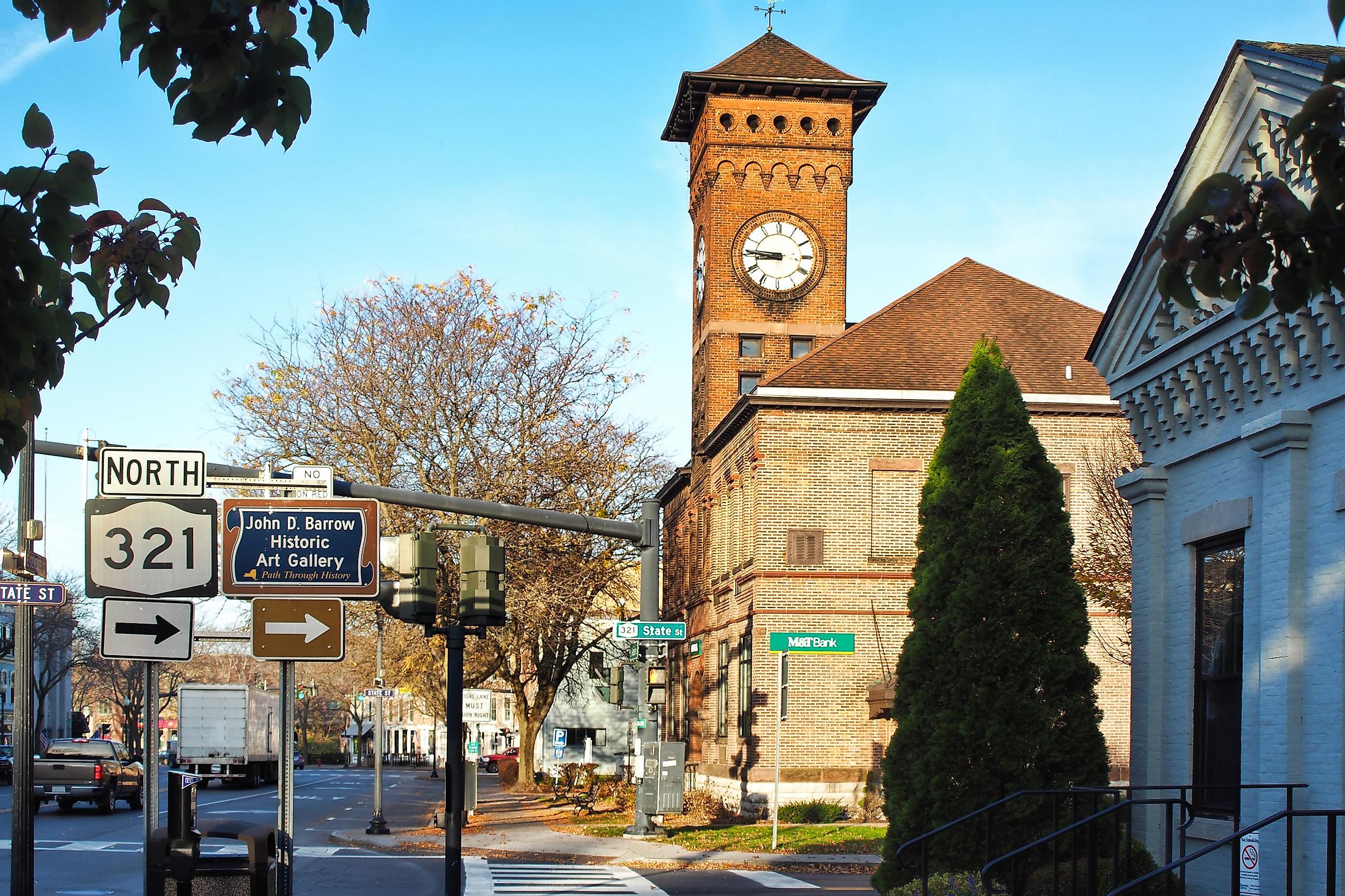 The village center of Skaneateles, New York on a quiet autumn morning via DebraMillet / iStock.com