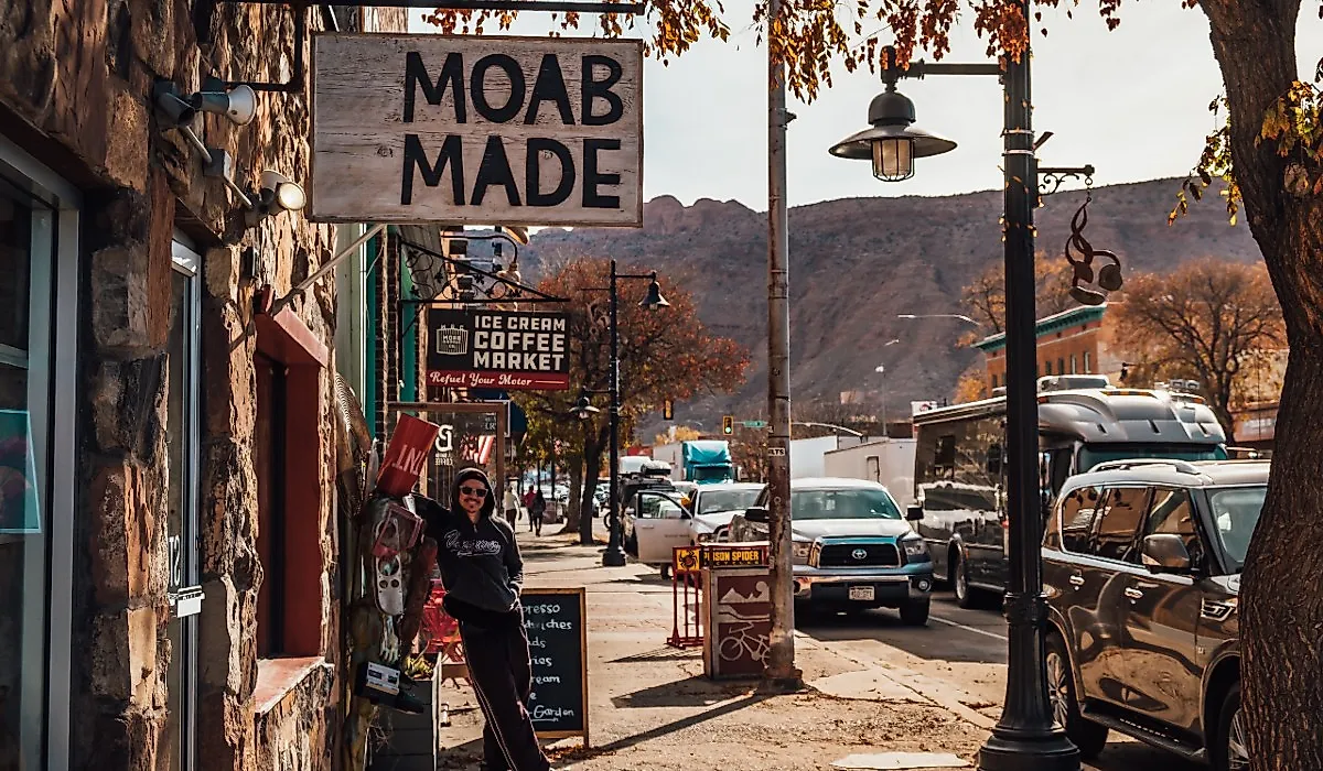 Downtown street and sidewalk in Moab, Utah.