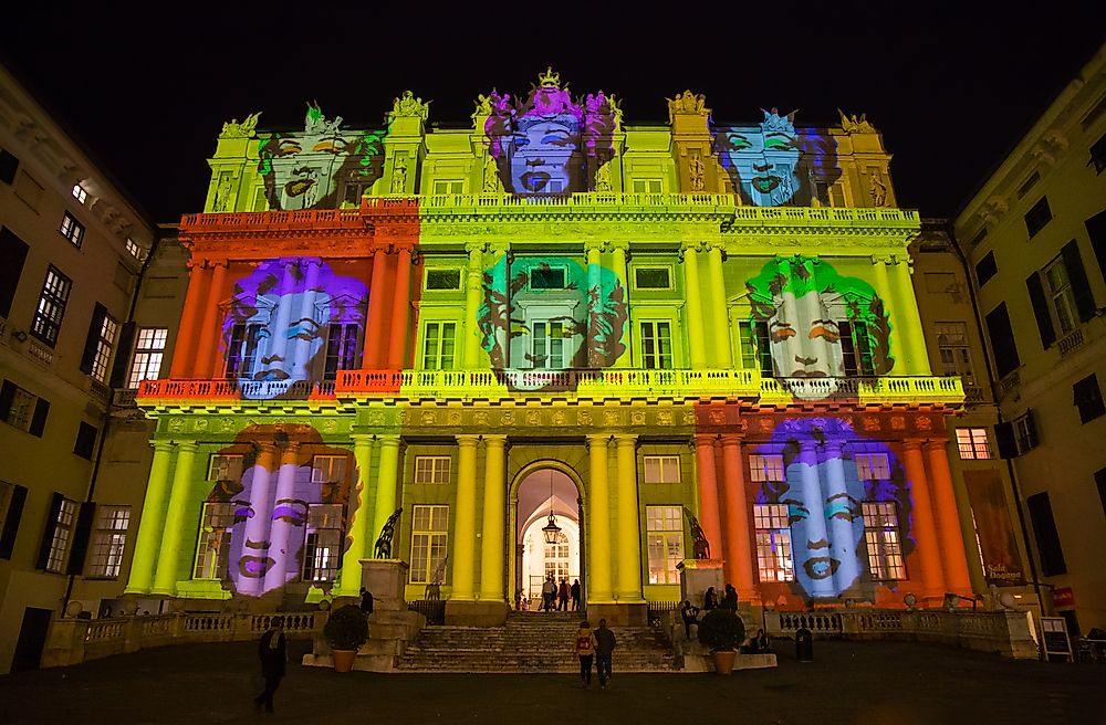 A light display honoring Andy Warhol in Genoa, Italy. Photo credit: faber1893 / Shutterstock.com.
