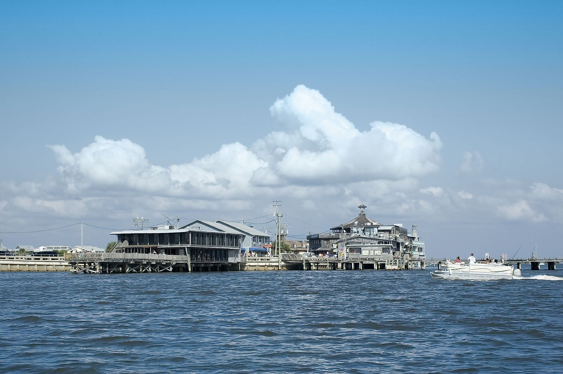 The waterfront at Cedar Key, Florida from the channel in the Gulf of Mexico. 