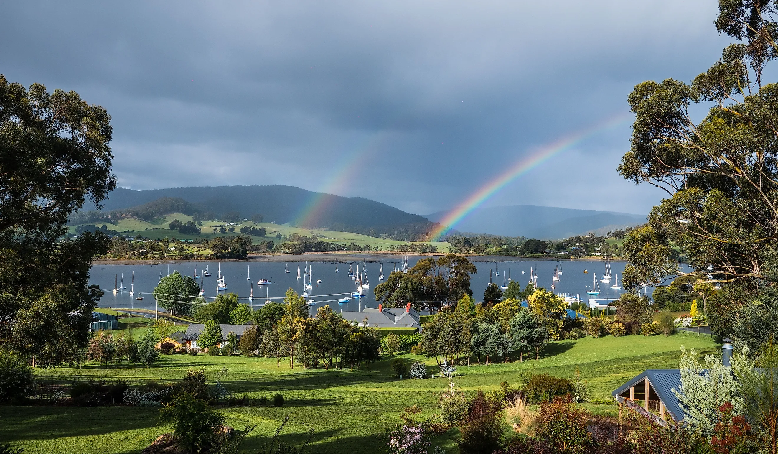 Double rainbow over the marina, Cygnet, Tasmania.