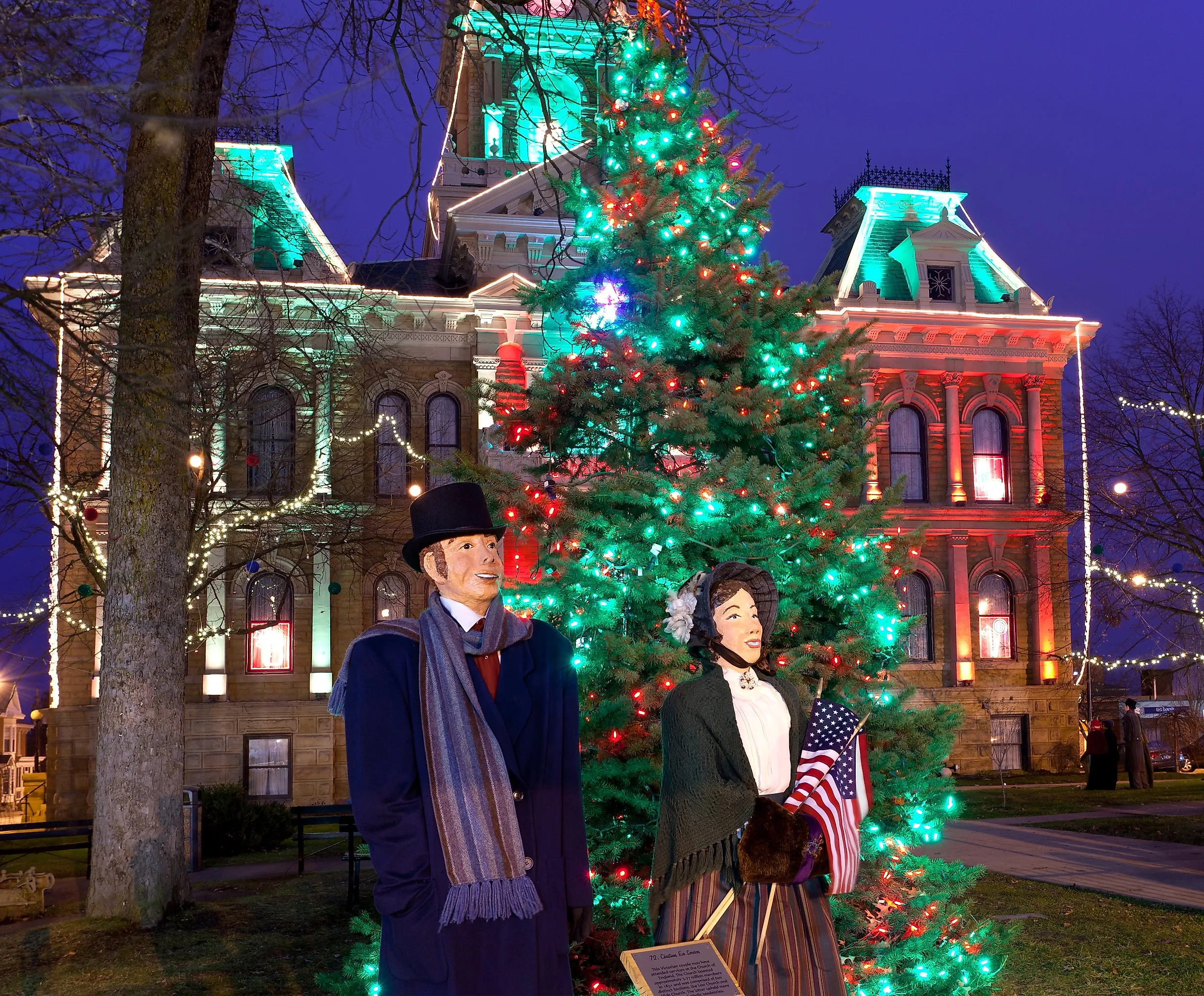 Christmas lighting on the old courthouse building in Cambridge, Ohio.
