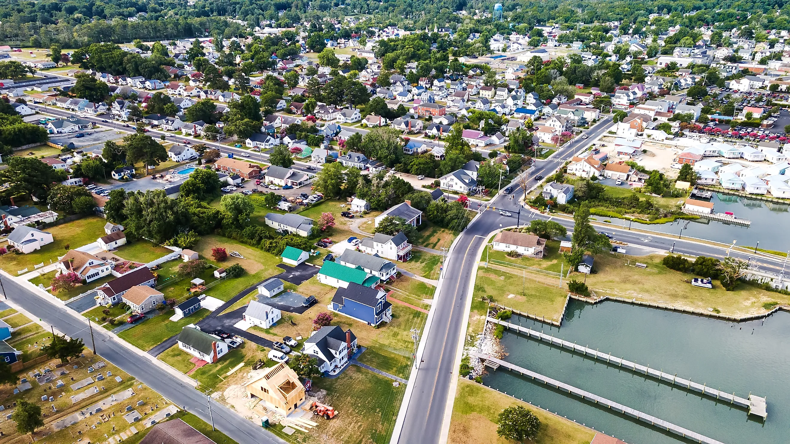 View of the Chincoteague Island and the road along the bay.