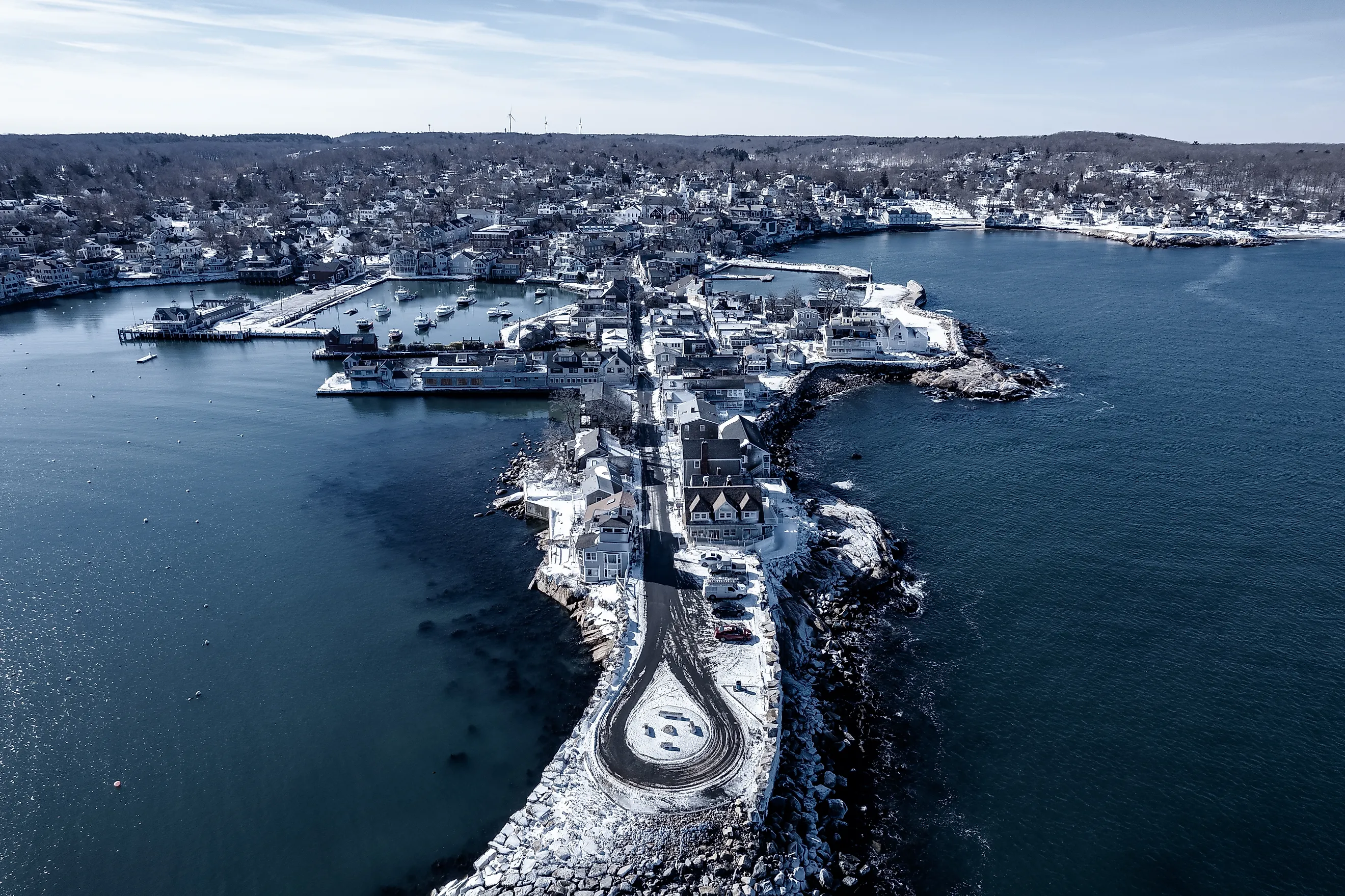 Aerial winter view of Rockport, Massachusetts.
