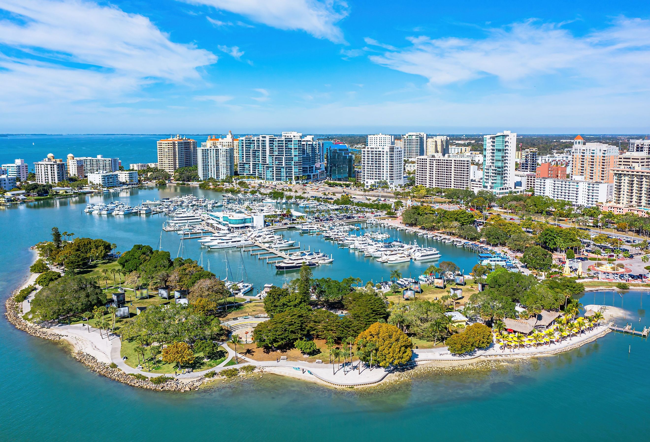 Aerial view of Sarasota, Florida, downtown Bayfront Park Marina.