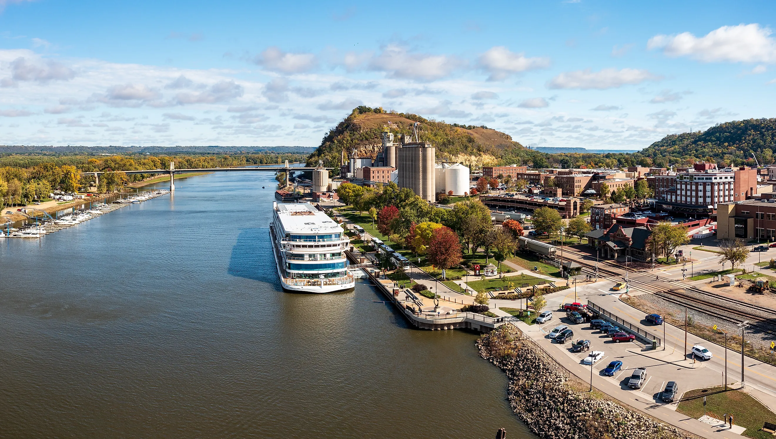 Panoramic aerial view of the town of Red Wing, Minnesota, along the Mississippi River.