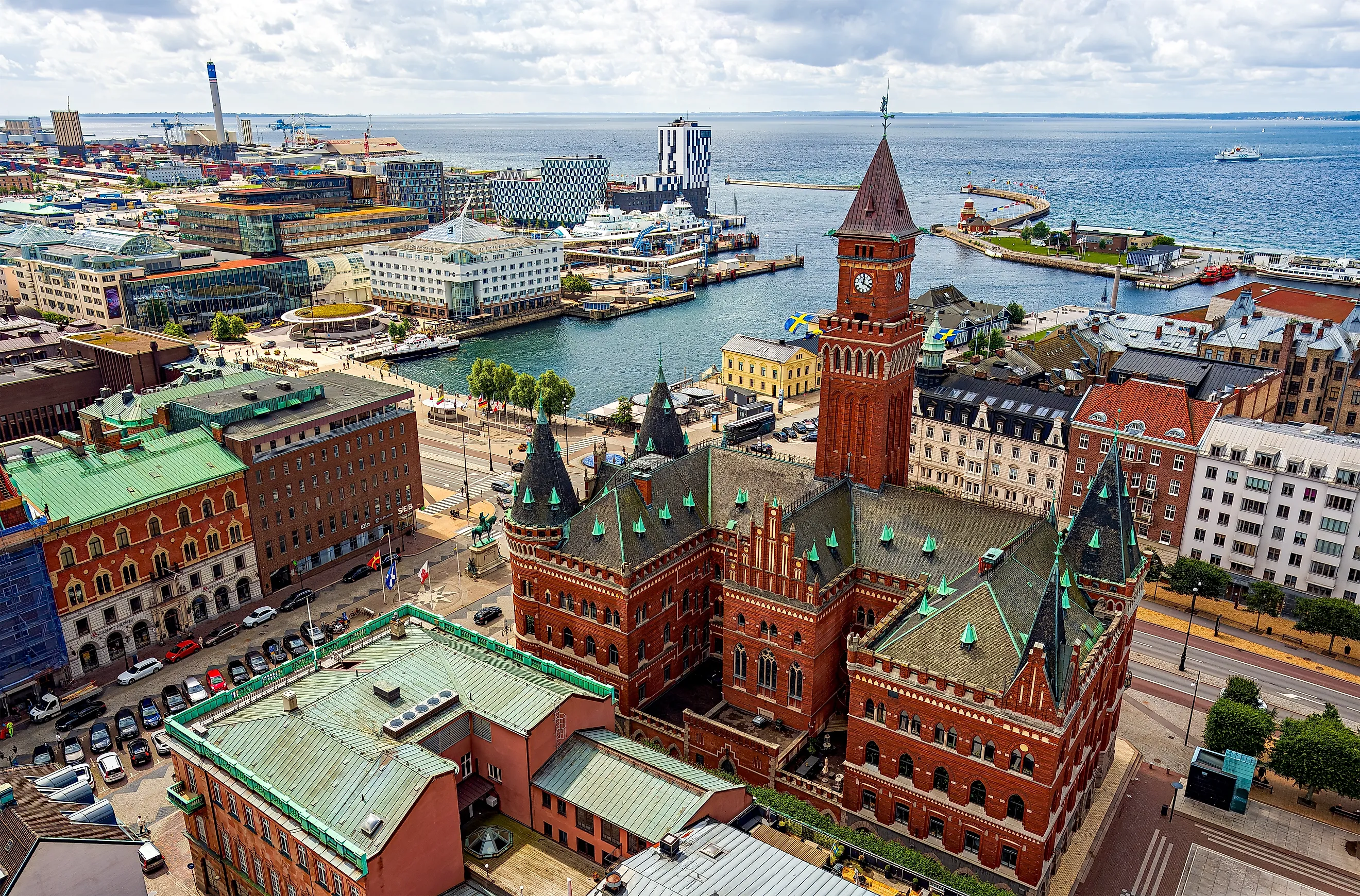 Aerial view of Helsingborg City Hall and the port of Helsingborg, Sweden. Editorial credit: Collection Maykova / Shutterstock.com